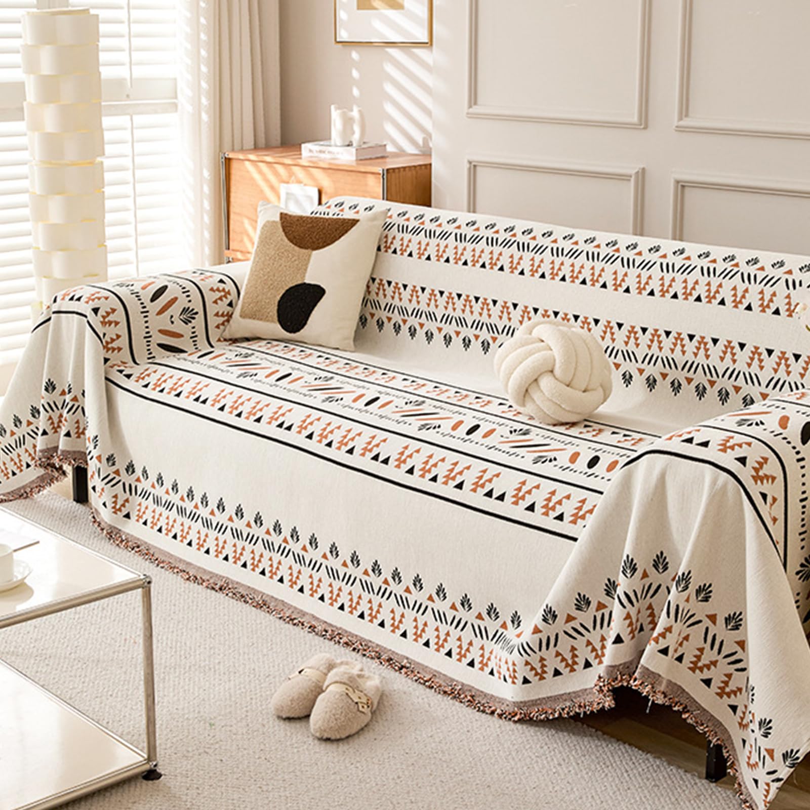 Housse de canapé boho orange en chenille 180x130cm lavable et résistante aux griffes d'animaux