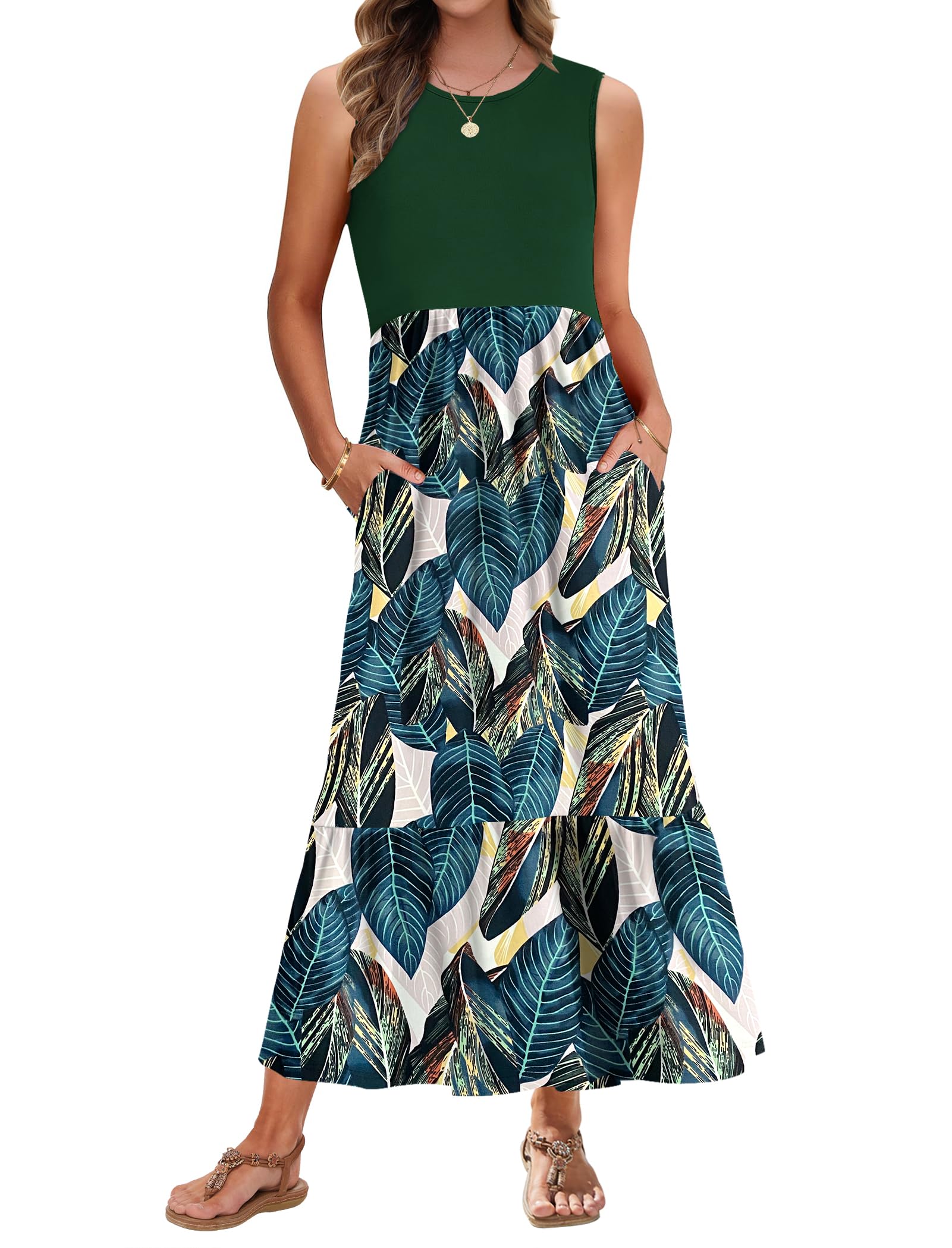 Auselily Women's Leaf Print Green Summer Maxi Dresses For Uk Sleeveless Floral Summer Dresses Beach Coverups Sun Dresses Tiered Flowy Swing Long Dress With Pockets Leaf Print M