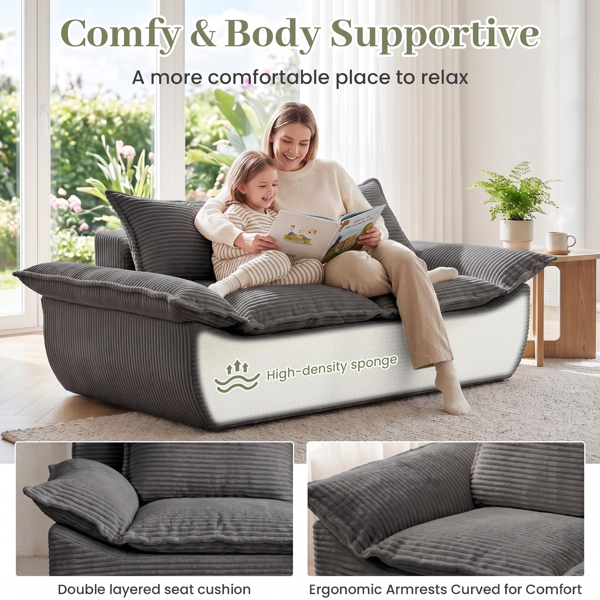 55" Convertible Corduroy Sofa Bed, Boneless Foldable Loveseat Sleeper Couch, Compressed Foam Floor Sofa with Removable Cushions & Pillows for Small Space Living Room