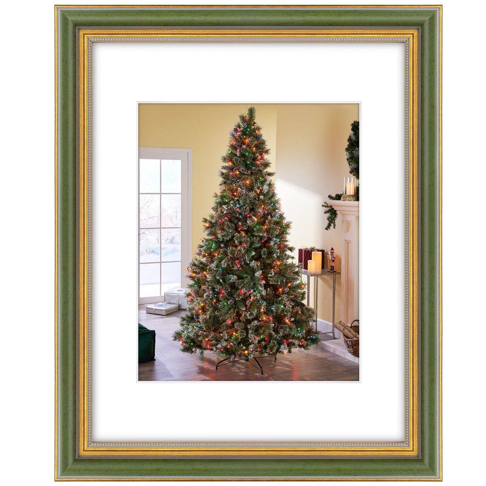 Golden State Art,11x14 Ornate Picture Frame for 8x10 Photo with Mat or 11 x 14 Prints Without Mat, Real Glass Wall Display Horizontally or Vertically (Color:Green Gold)