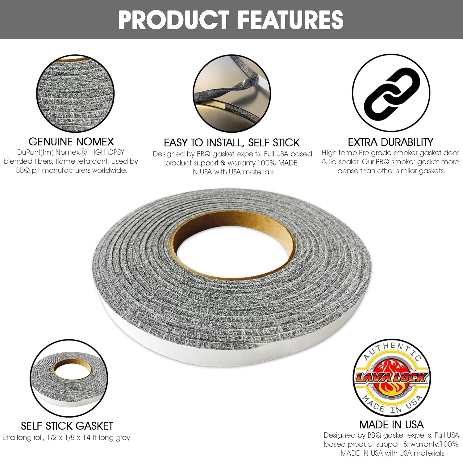 LavaLock 12 Grey High Performance BBQ Gaskets Smoker Seals - Self Stick 1/2 x 1/8 x 15 ft Long Hi -Temp (4)