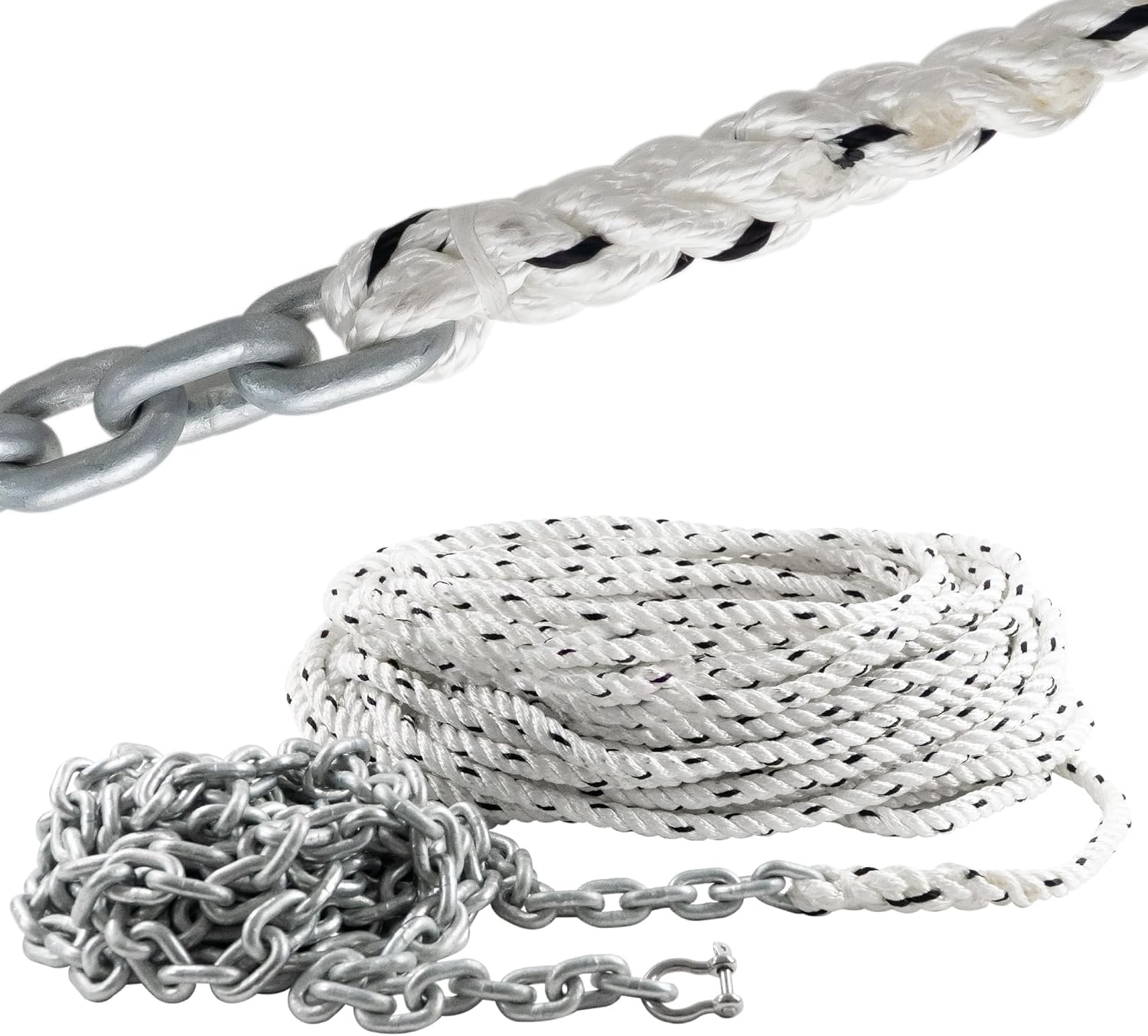 Five Oceans Windlass Anchor Rode, Hand-Spliced Anchor Rope and Chain Combination Kit, Nylon 3-Strand Rope, HT G4 Hot-Dipped Galvanized Steel Chain for Boat Anchor Systems - Multiple Sizes