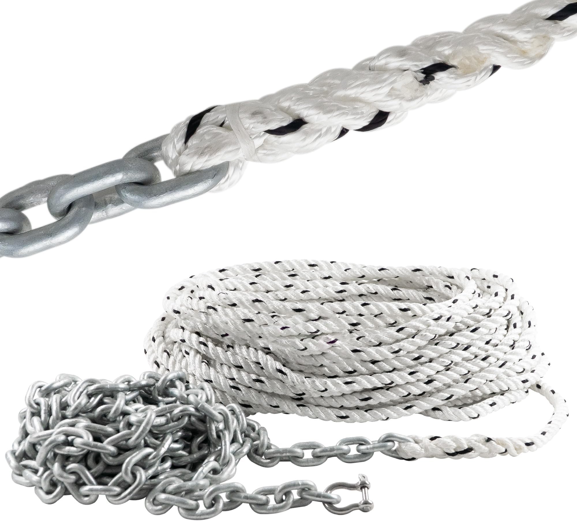 Five Oceans Windlass Anchor Rode, Hand-Spliced Anchor Rope and Chain Combination Kit, Nylon 3-Strand Rope, HT G4 Hot-Dipped Galvanized Steel Chain for Boat Anchor Systems - Multiple Sizes