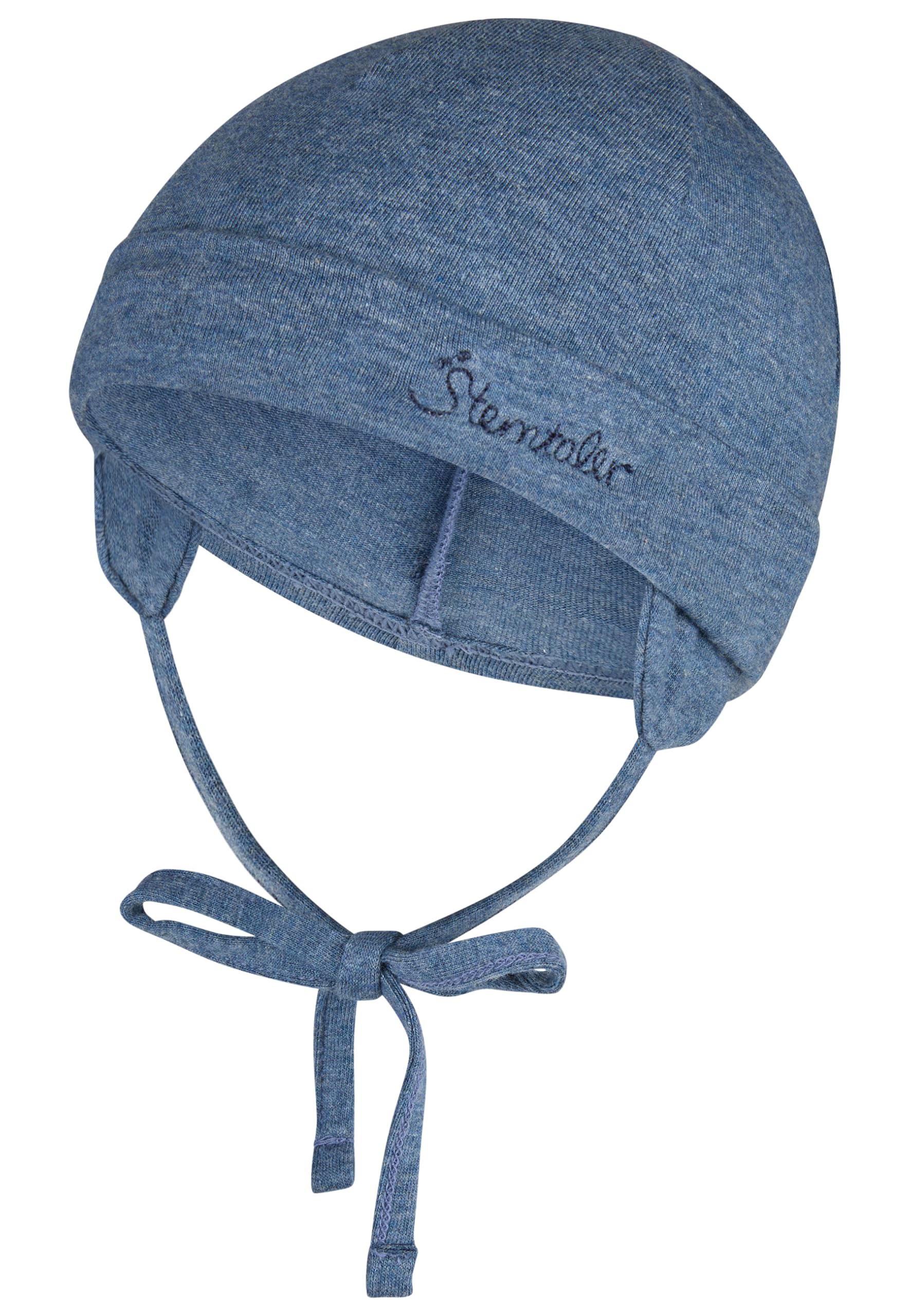 Sterntaler OCS Beanie Melange – Unisex Baby Mütze mit angeschnittenen Ohrenklappen & Bindeband – aus Melange-Singlejersey (Bio), doppellagig – Übergangsmütze ab Geburt – steingrün, Gr. 35