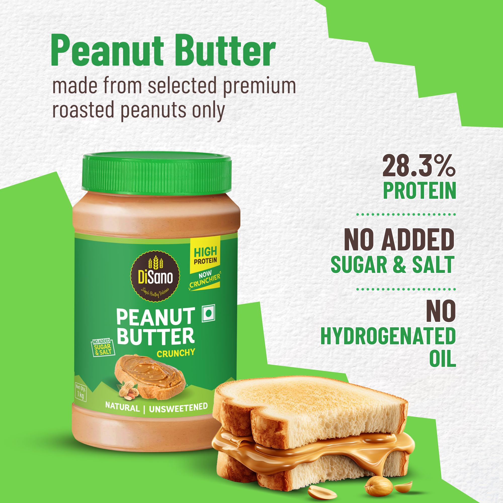 DiSano Natural Peanut Butter Crunchy 1kg, Unsweetened, High Protein Peanut Butter with No Added Sugar or Salt, Nut Butter Spread, 100% Roasted Peanuts 1