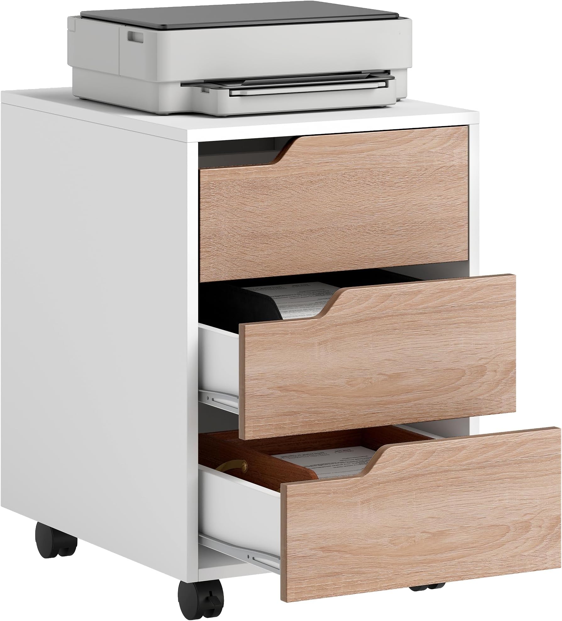 HOMCOM 3 Drawer Mobile File Cabinet, Vertical Filing Cabinet with Wheels for Home Office, Oak