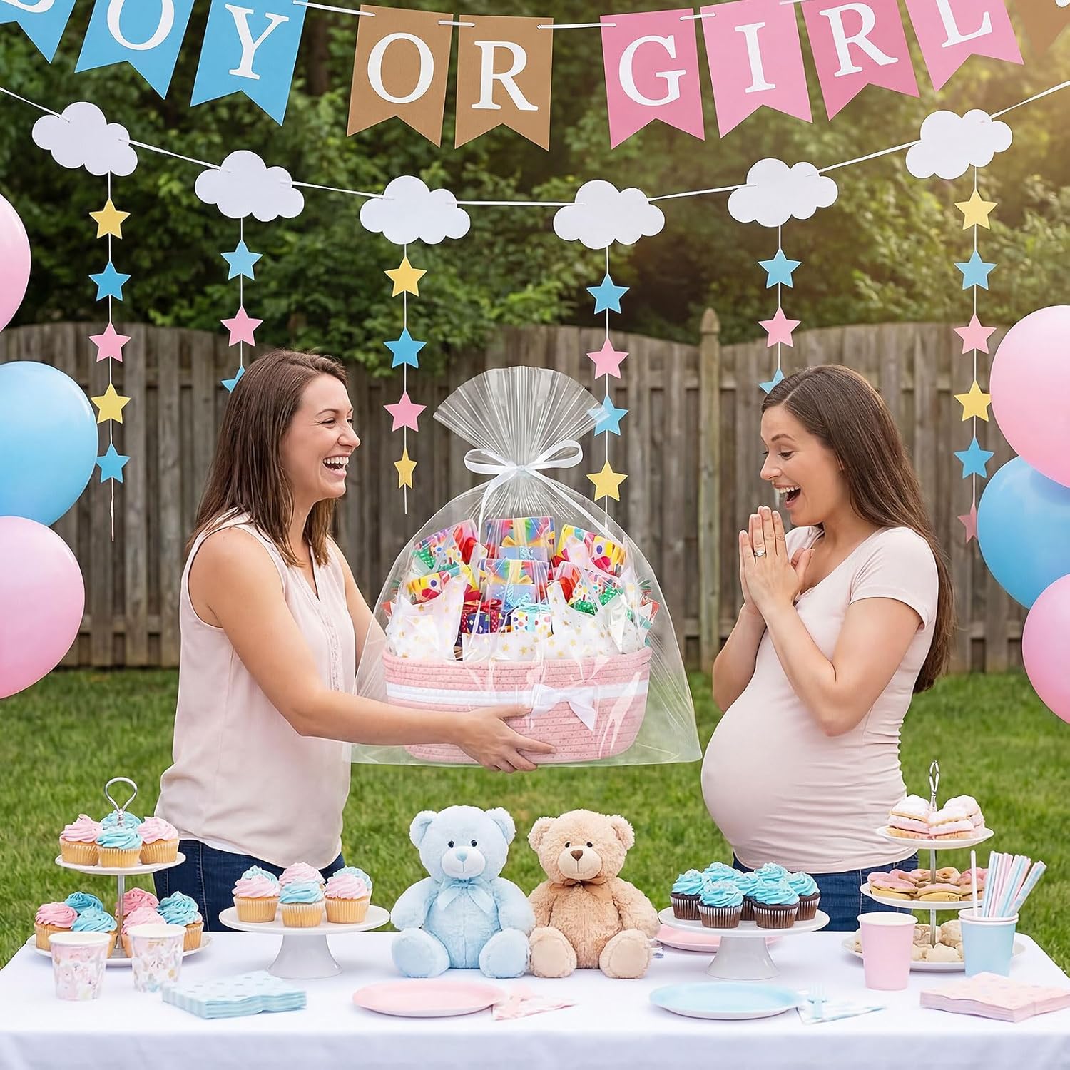 FoldTier 8 Pack Small Woven Basket with Gift Bags and Ribbons Wrapping Paper 12"x 8"x 5" Cute Empty Decorative Gift Chest Box with Handles for Nursery Baby Shower Easter Toy Organizer Bins(Pink)