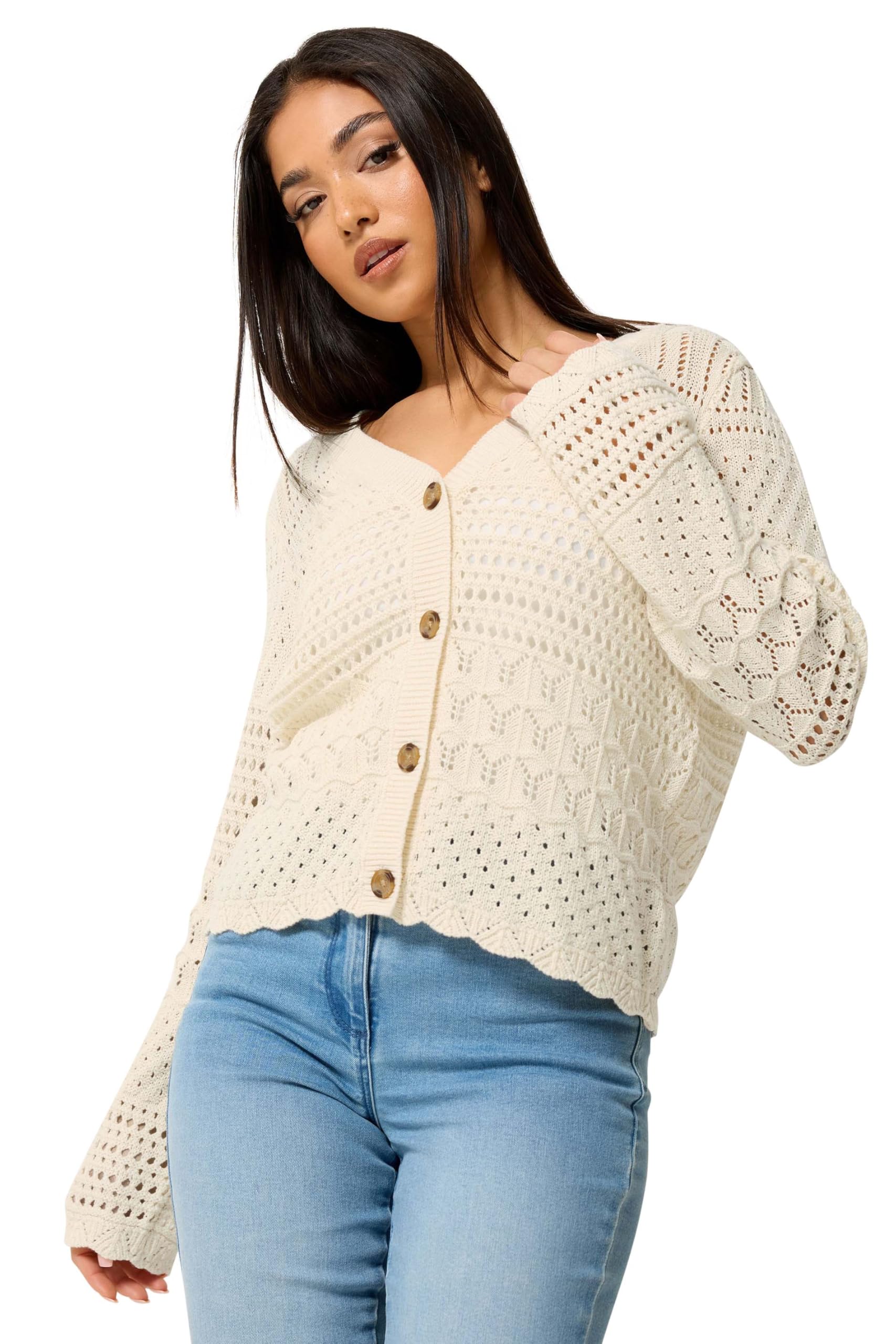 M&Co Women's Cream Petite Crochet Button Through Cardigan