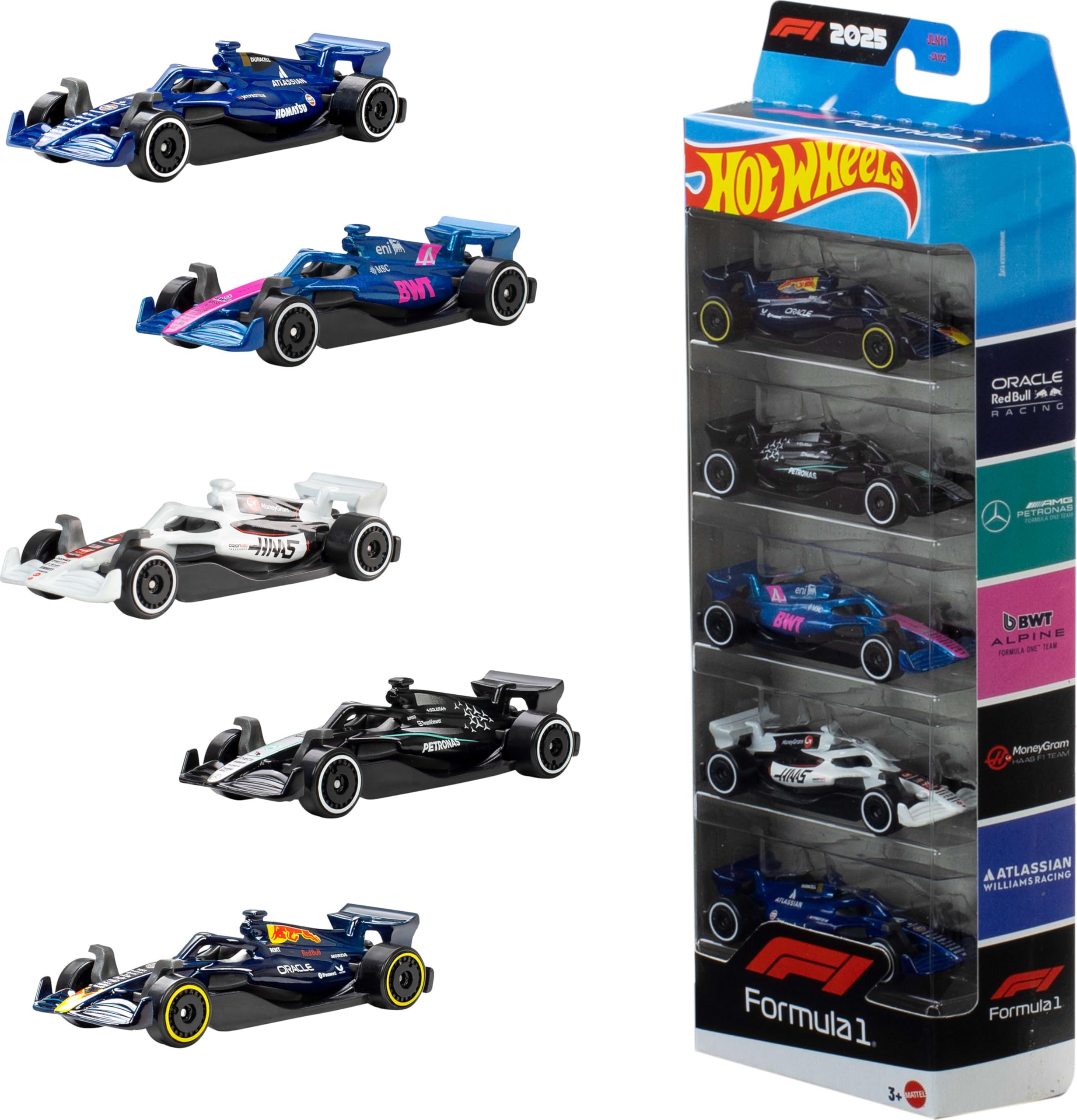 Hot Wheels Maßstab 1:64 5er-Pack Formel 1 Die-Cast-Spielzeugautos, 5er-Set mit offiziell lizenzierten F1-Rennwagen zum Spielen, Sammeln und Ausstellen, JLN11