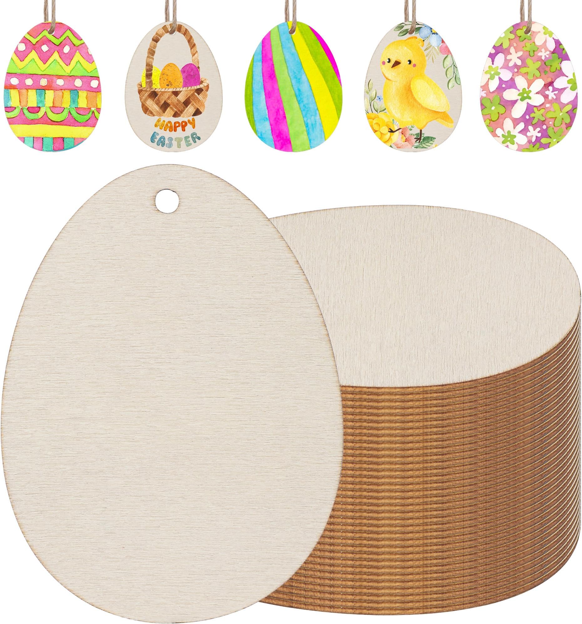 50 PCS Easter Egg Wooden Cutouts Unfinished Egg Wood Slices DIY Hanging Ornaments Gift Tags with Hemp Rope for Painting Craft Project Easter Party Decorations (2.36 x 3.15 Inch)