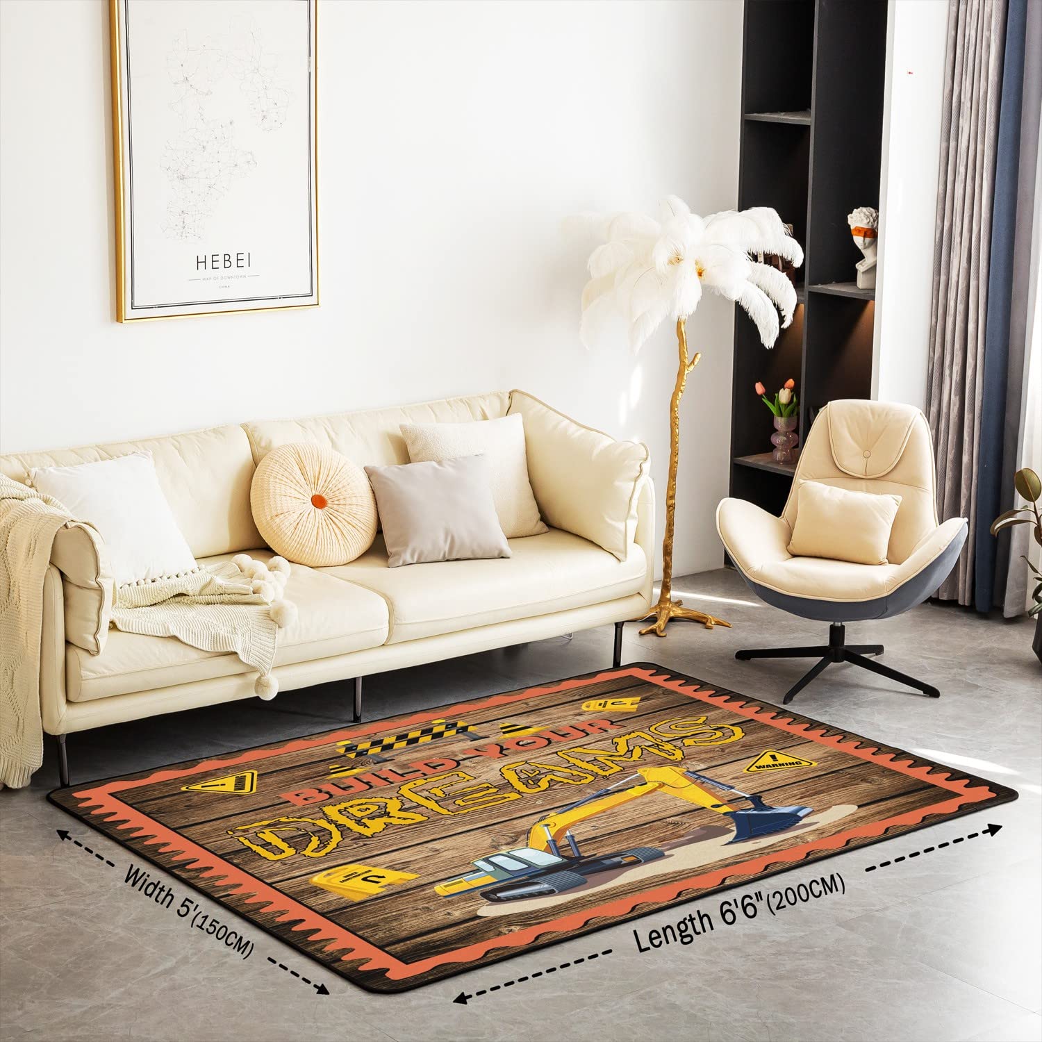 Loussiesd Tappeto decorativo per escavatore, tappeto da costruzione, per soggiorno, in legno, per bambini, attrezzature, camion, tappeto decorativo in microfibra, per auto, 100 x 150 cm