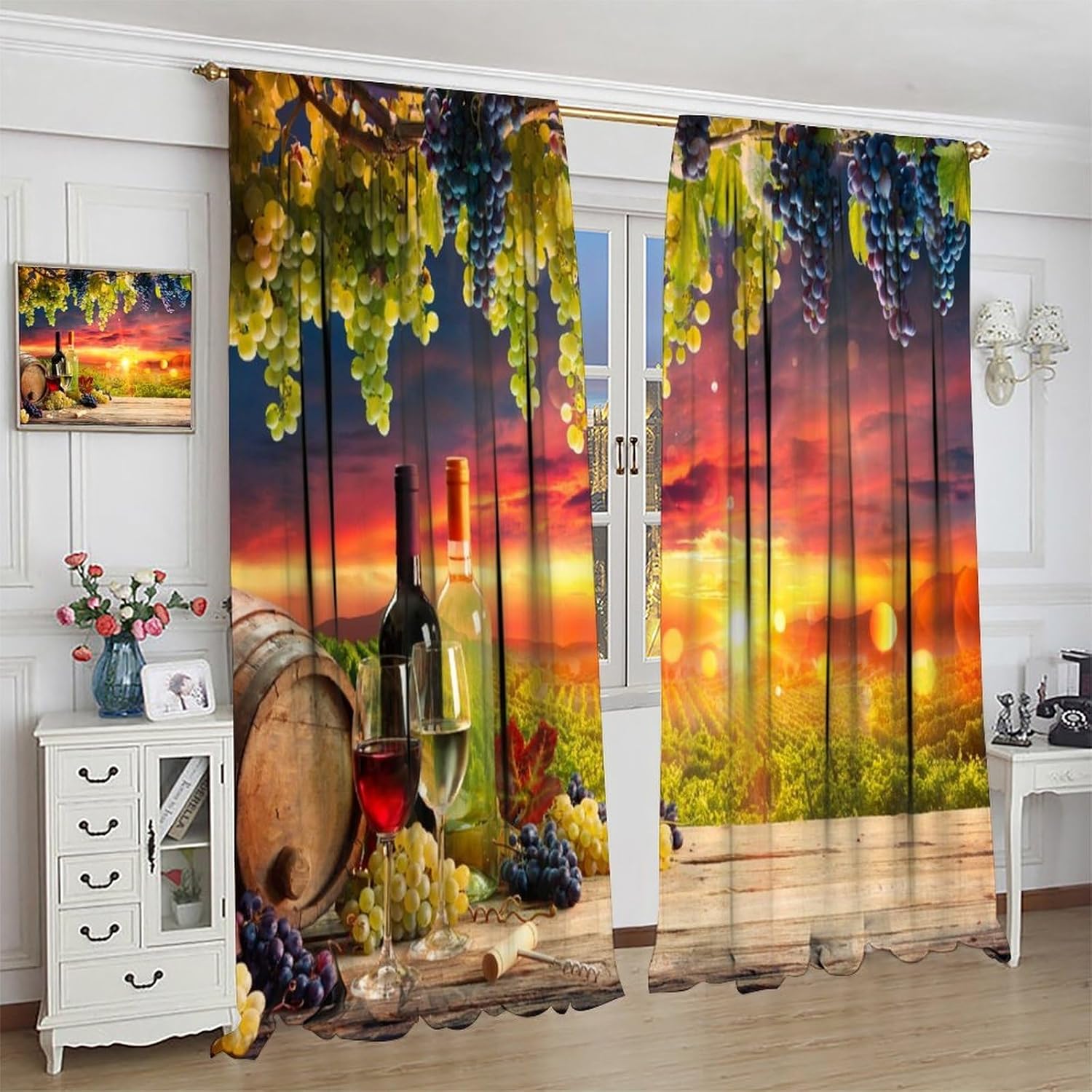 Wine Kitchen Curtains, Glasses of Red and White Wine Served with Grapes French Gourmet Tasting, Window Drapes Set 2 Panels,42x63 Inches