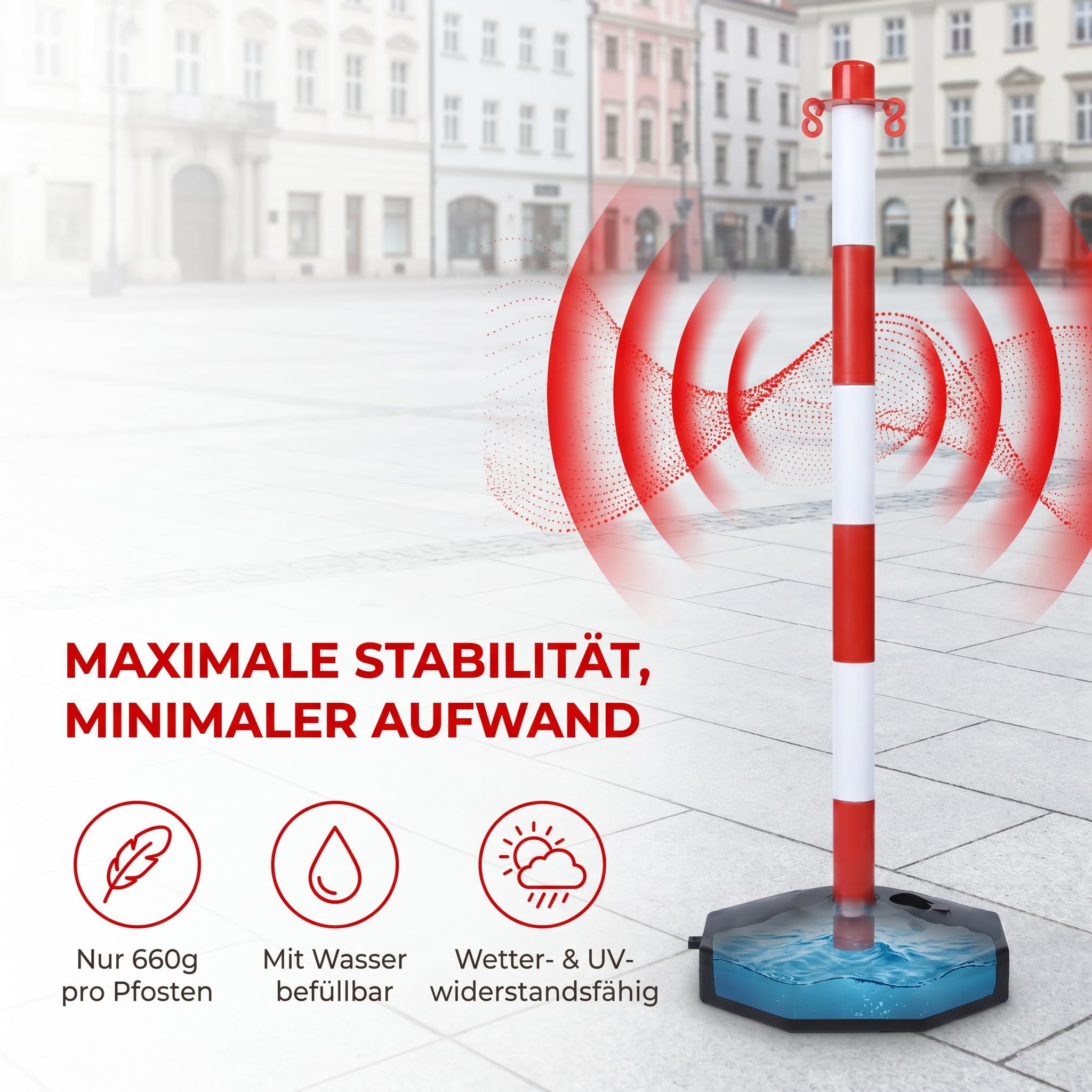 LARS360 Juego de 4 postes de barrera con cadena, 82 cm, con tiras reflectantes y base rellenable, sistema de cierre rojo y blanco para obras, eventos, almacén y seguridad