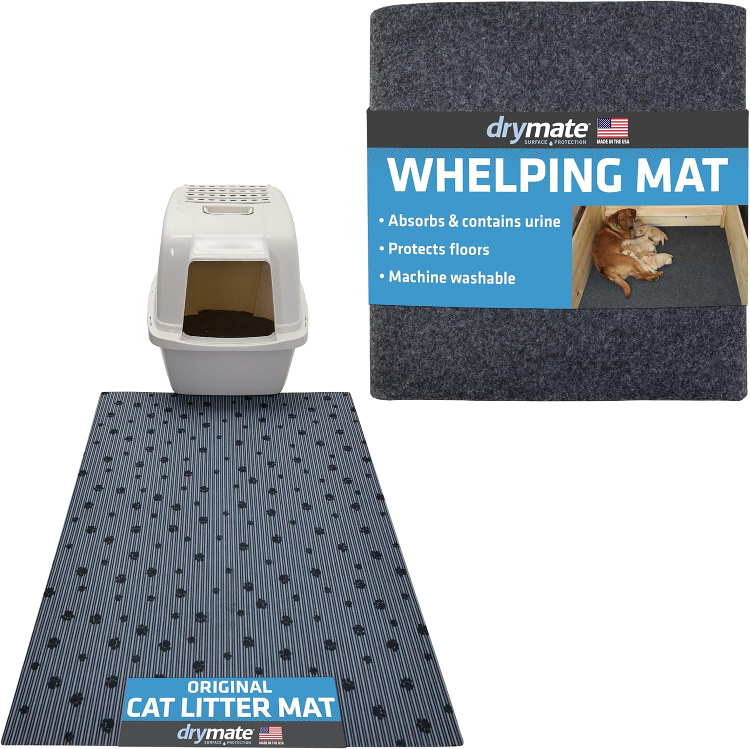 Drymate Original Cat Litter Mat, Grey Stripe Black Paw, 28" x 36" & XL Whelping Box Liner, Charcoal 48" x 100", Made from Recycled Content & USA Made, 2 Item Bundle
