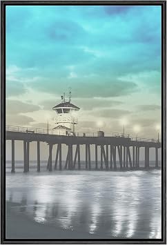 bestdeal depot Framed Canvas Print Wall Art Vintage Washed Out Pier at Sunset Nature Ocean Photography Modern Art Nautical Scenic Relax/Calm Duotone for Living Room, Bedroom, Office - 16"x24" BLACK