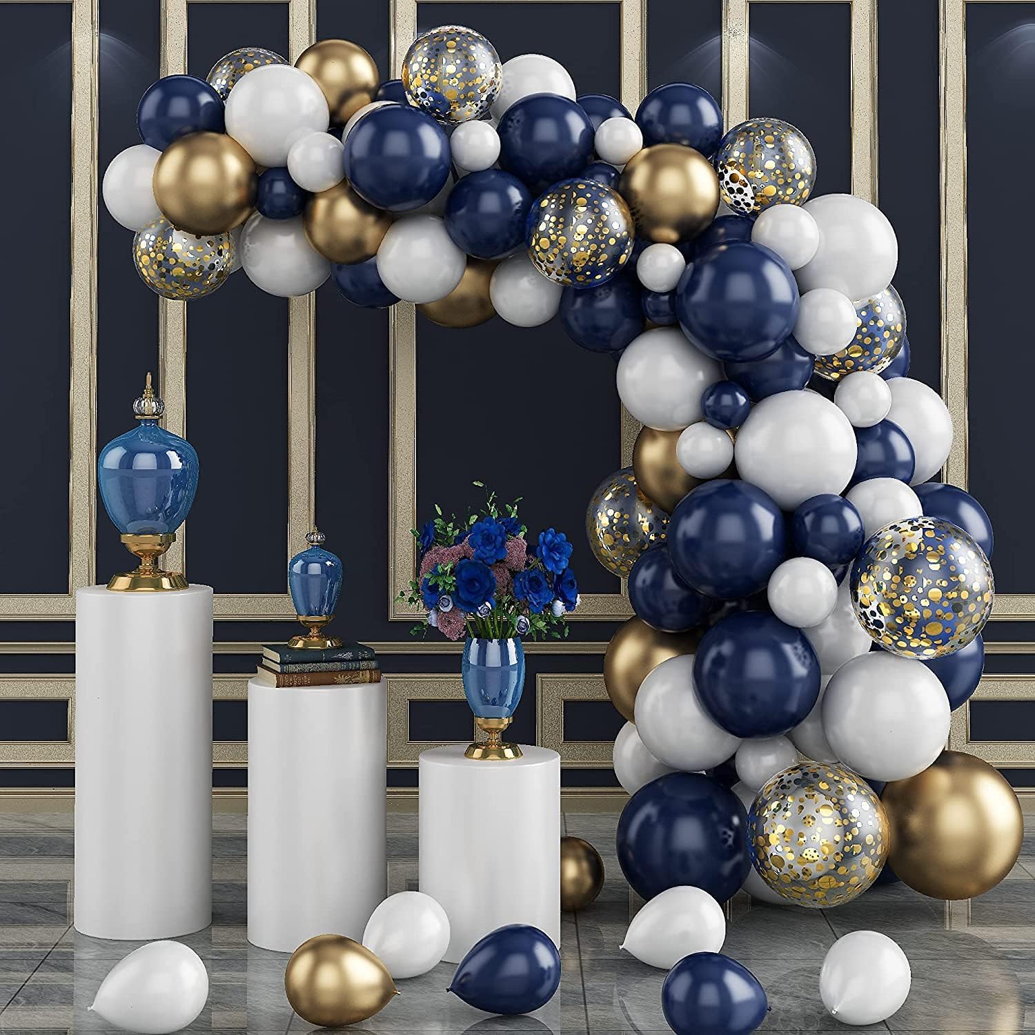 Balloon Garland Kit, 122pcs Navy Blue White Gold Latex Party Balloon Arch Kit with Gold Confetti Balloons Ideal for Birthday Wedding Baby Shower Party Decorations