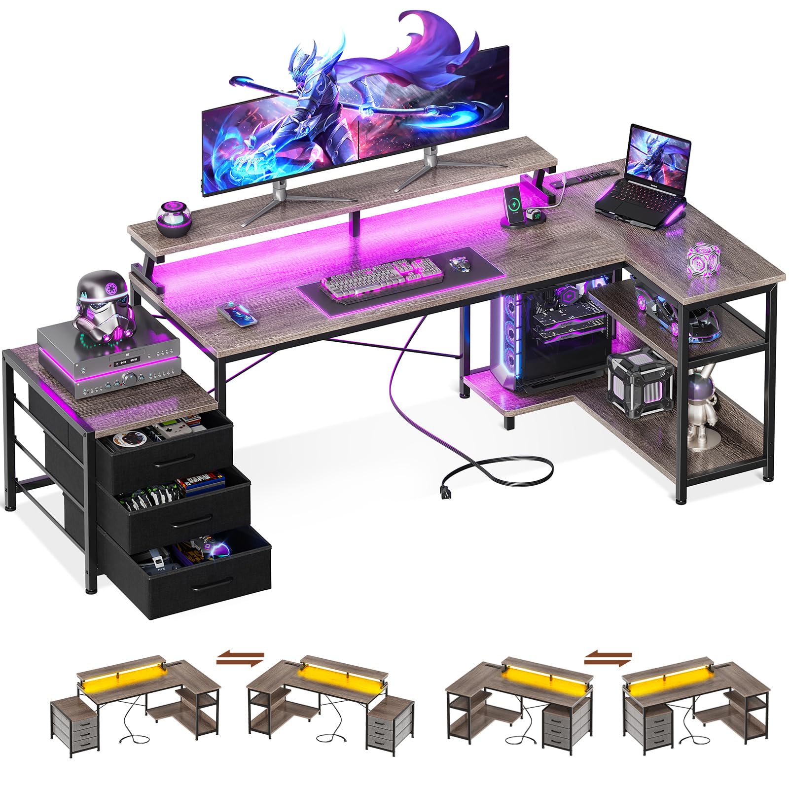 AODKL-Shaped Gaming Desk with 3 Reversible Fabric Drawers and Charging Station, Computer Desk with LED Strip, Corner Large Desk with Storage Shelf, Oak, 55-71 Inch