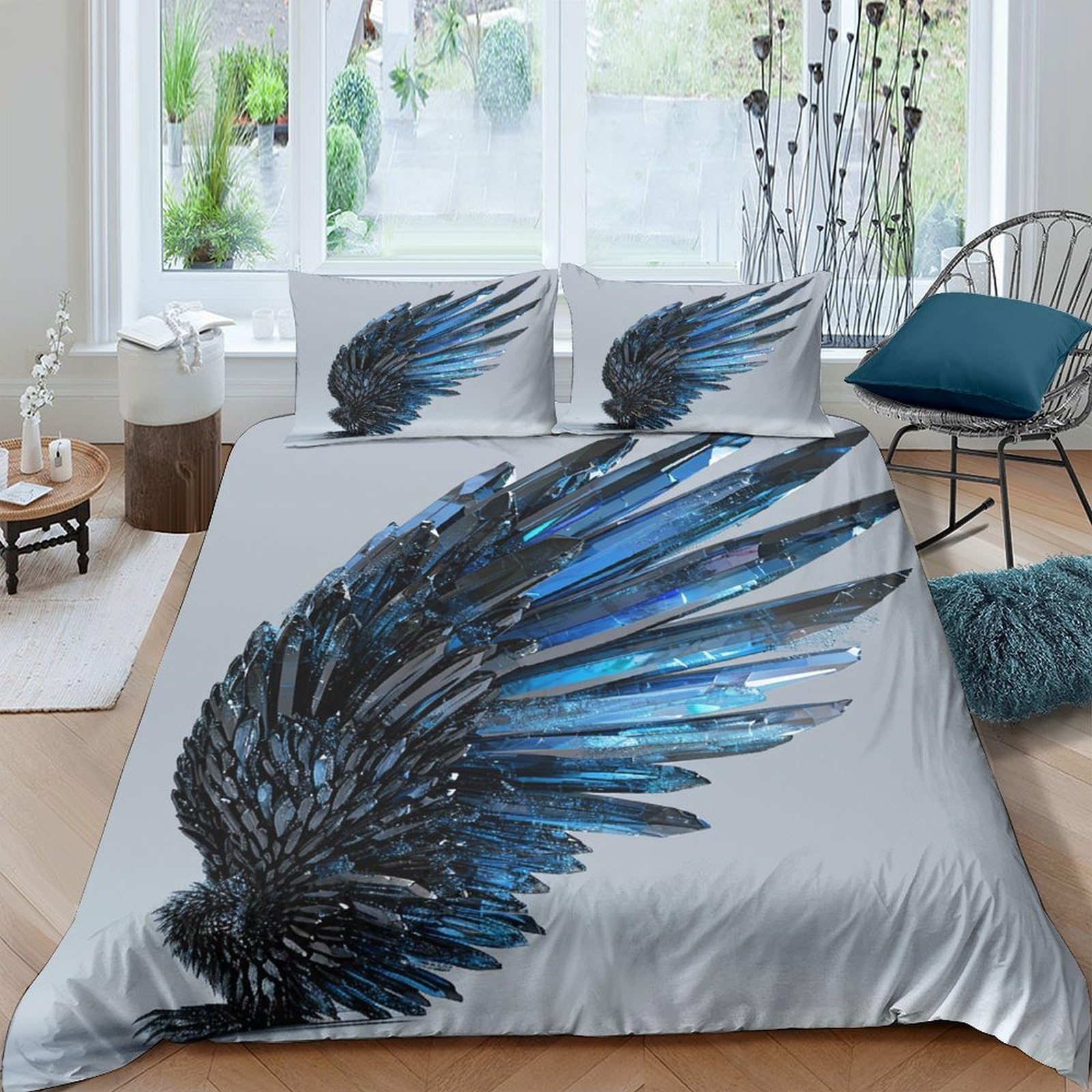 Ctjqhvkz Style-3 3D Printed Black Blue Wing Fitted Sheet Microfiber Soft Breathable Angel Feather Mattress Cover For Bedroom Dorm Protection Decor Single（135X200cm）
