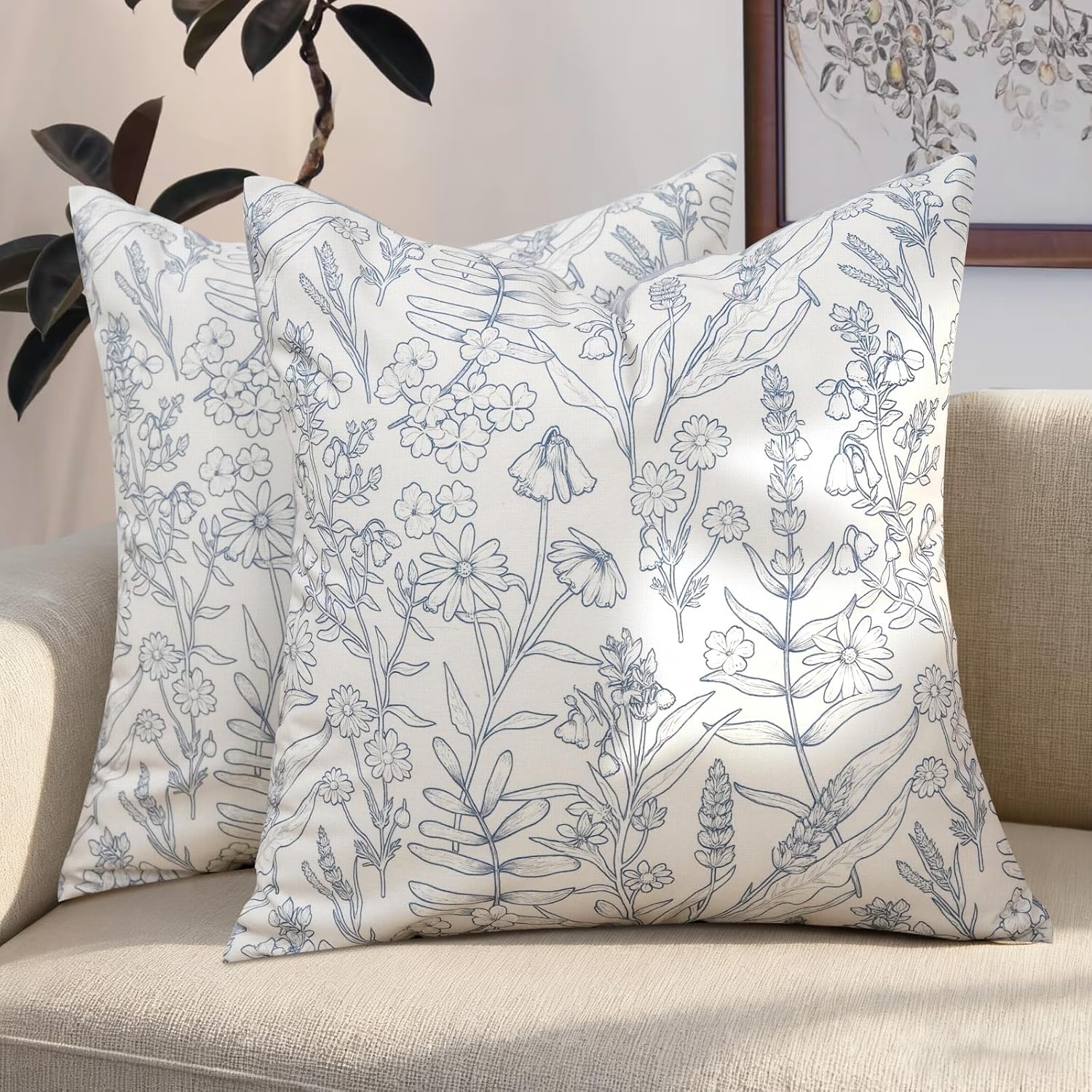 18x18 Pillow Covers Set of 2 Farmhouse Floral Print Pillow Neutral Accent Decorative Throw Pillow Covers for Couch Bed Livingroom, Blue