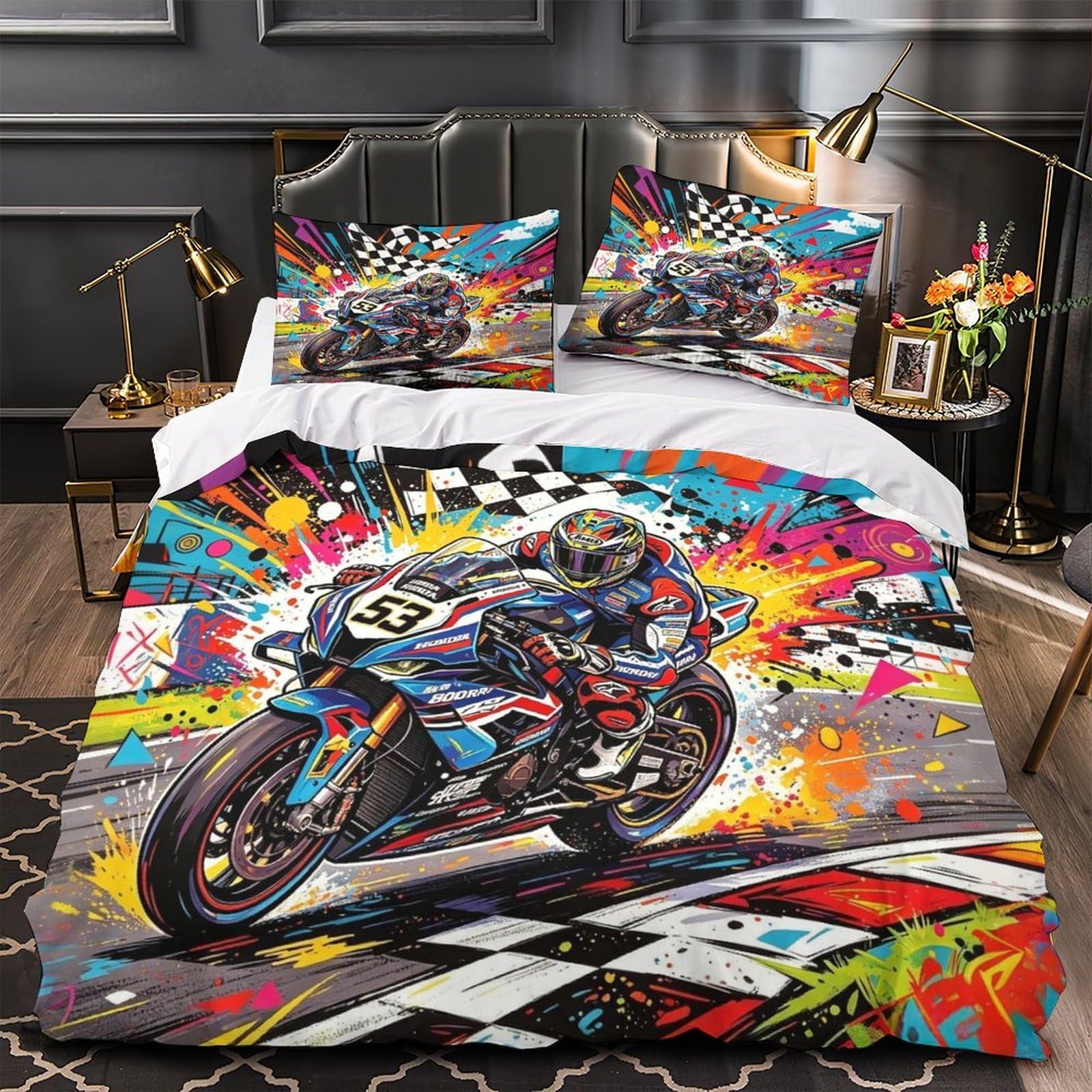 DAFUfbw Hypoallergenic Bedding Set Championship Moment, Cozy Bedspread 3D Printed Motorcycle Race Quilt Cover Single（140x200cm）, Microfiber Duvet Cover Pillowcase