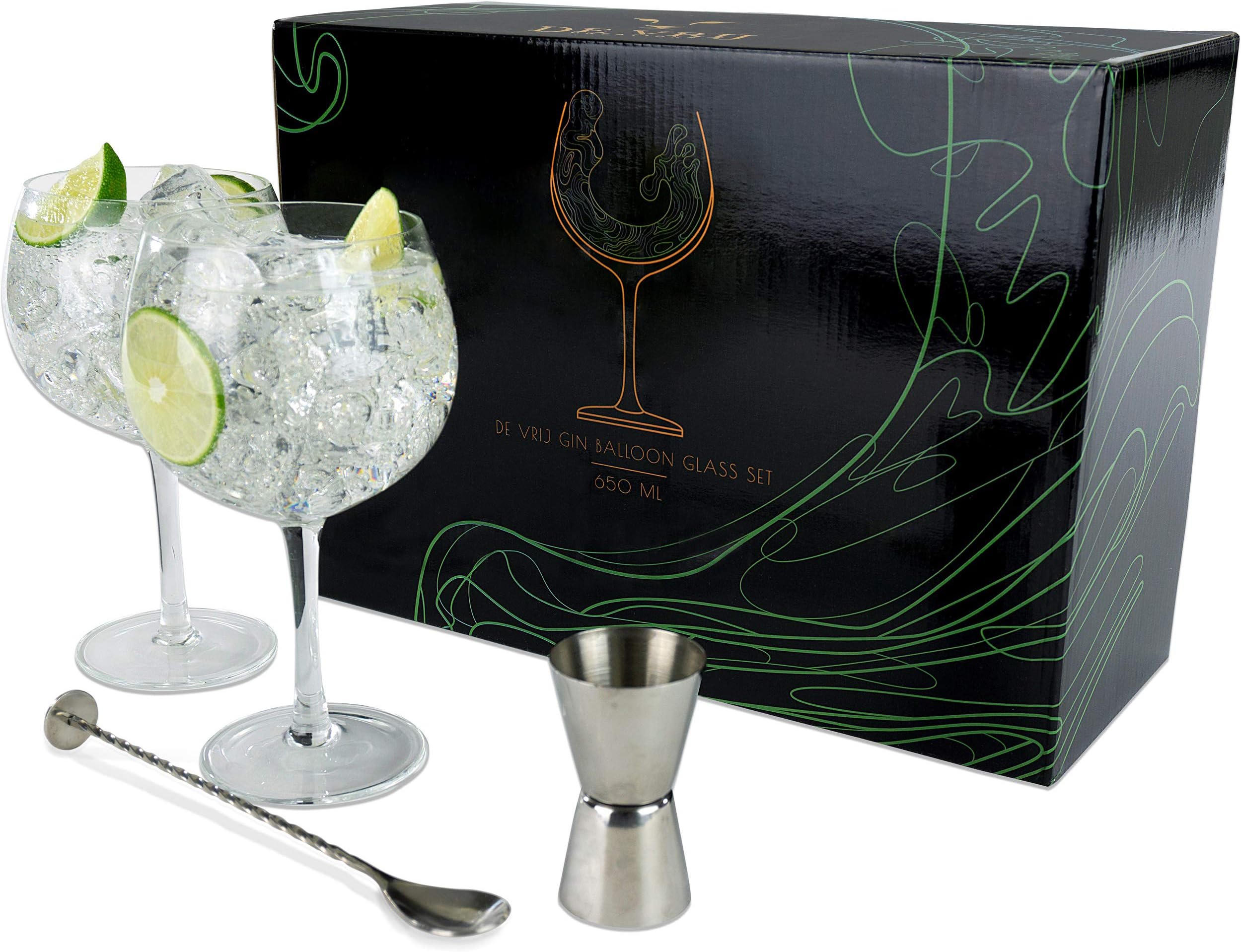 Gin Glasses Set of 2 – Large 650ml Handmade Balloon-Shaped Glass Pair to Harness the Full Flavour of Herbs and Spices – with Twisted Mixer-Spoon and Double-Sided Jigger – Classic Copa de Balon Shape