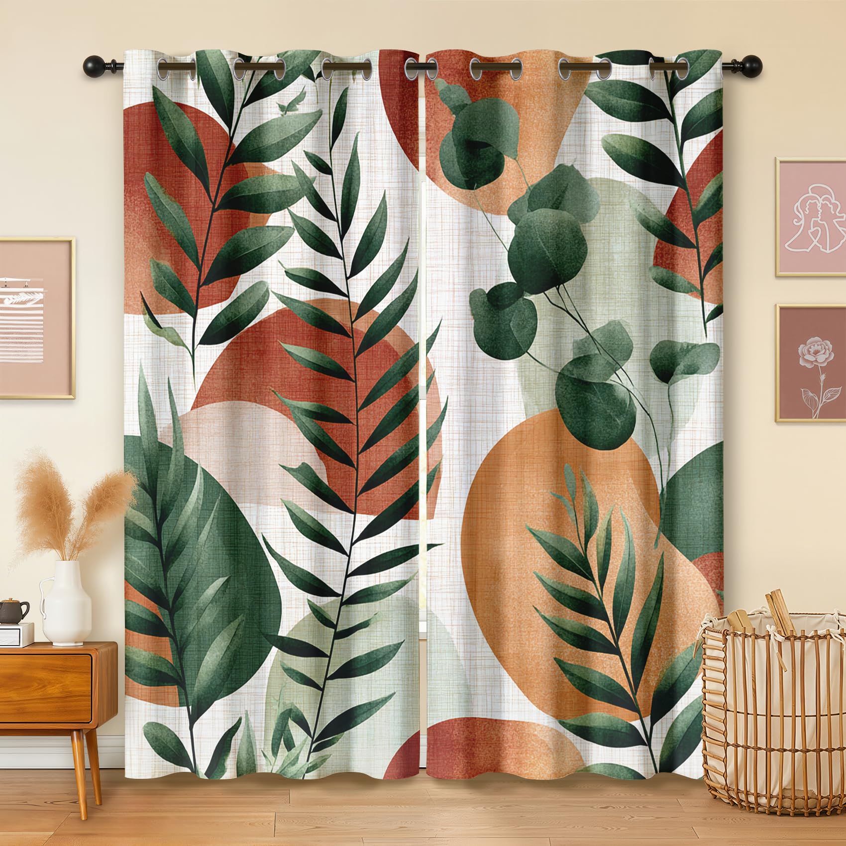 Havenix Boho Terracotta and Sage Green Blackout Curtains for Bedroom Living Room, Mid Century Modern Eucalyptus Curtains 90x108, Thermal Insulated Eyelet Drapes for Windows, 2 Panels