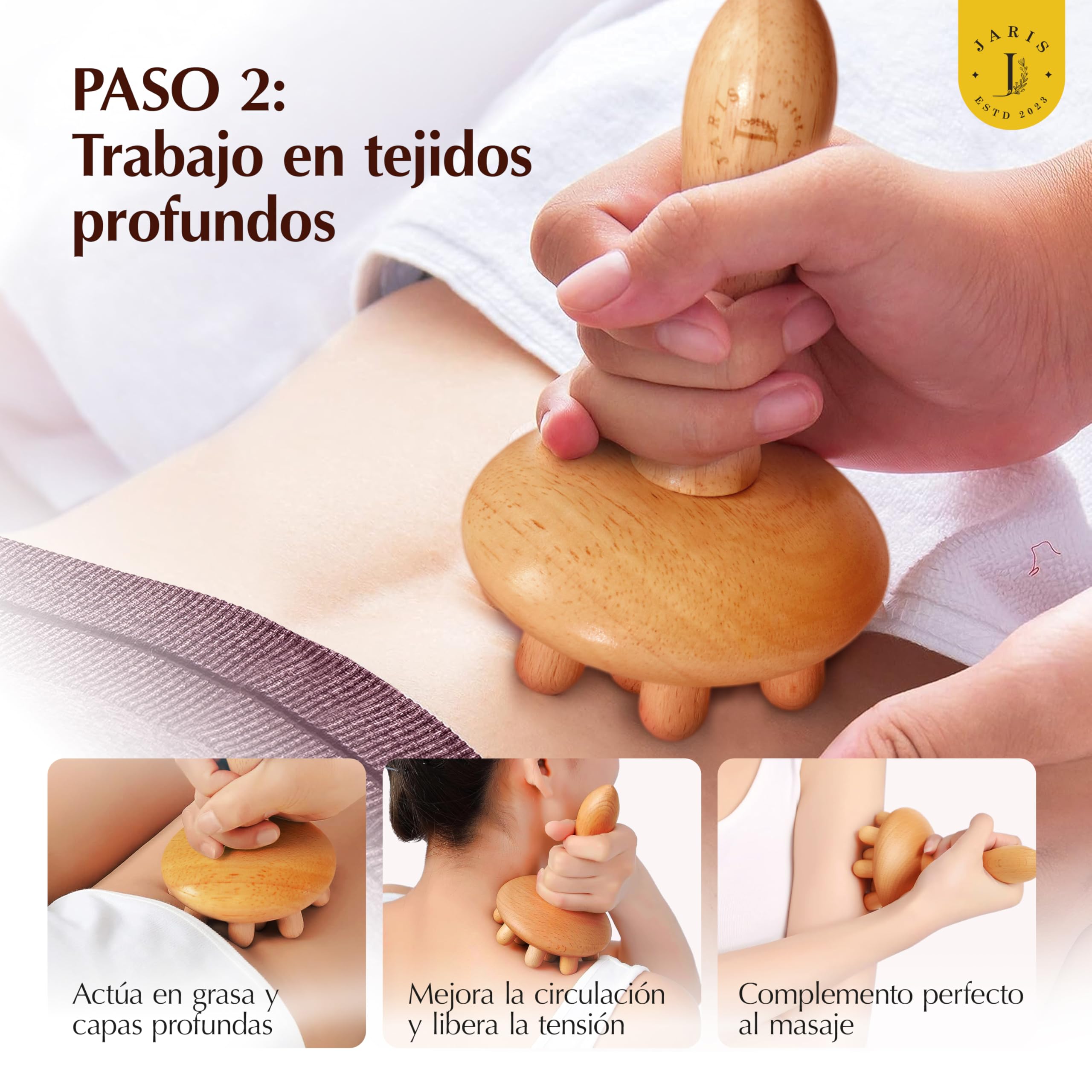JARIS – Kit de Maderoterapia Corporal Profesional 2 Piezas - Rodillo Anticelulítico Curvo y Champiñón | Maderoterapia abdomen para Celulitis - Piernas y Cuerpo – Instrucciones QR Incluidas