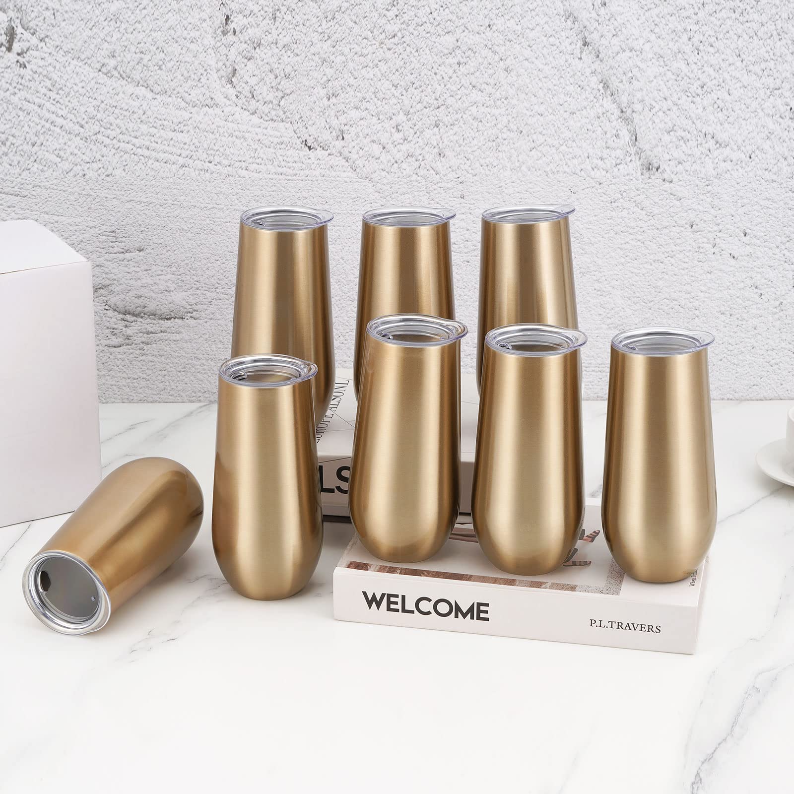 Lifecapido Paquete de 8 vasos de champán aislados, vasos de champán de 12 onzas, copa de champán sin tallo, vasos de cóctel irrompibles con tapa para fiesta de cumpleaños, boda, Navidad (dorado)