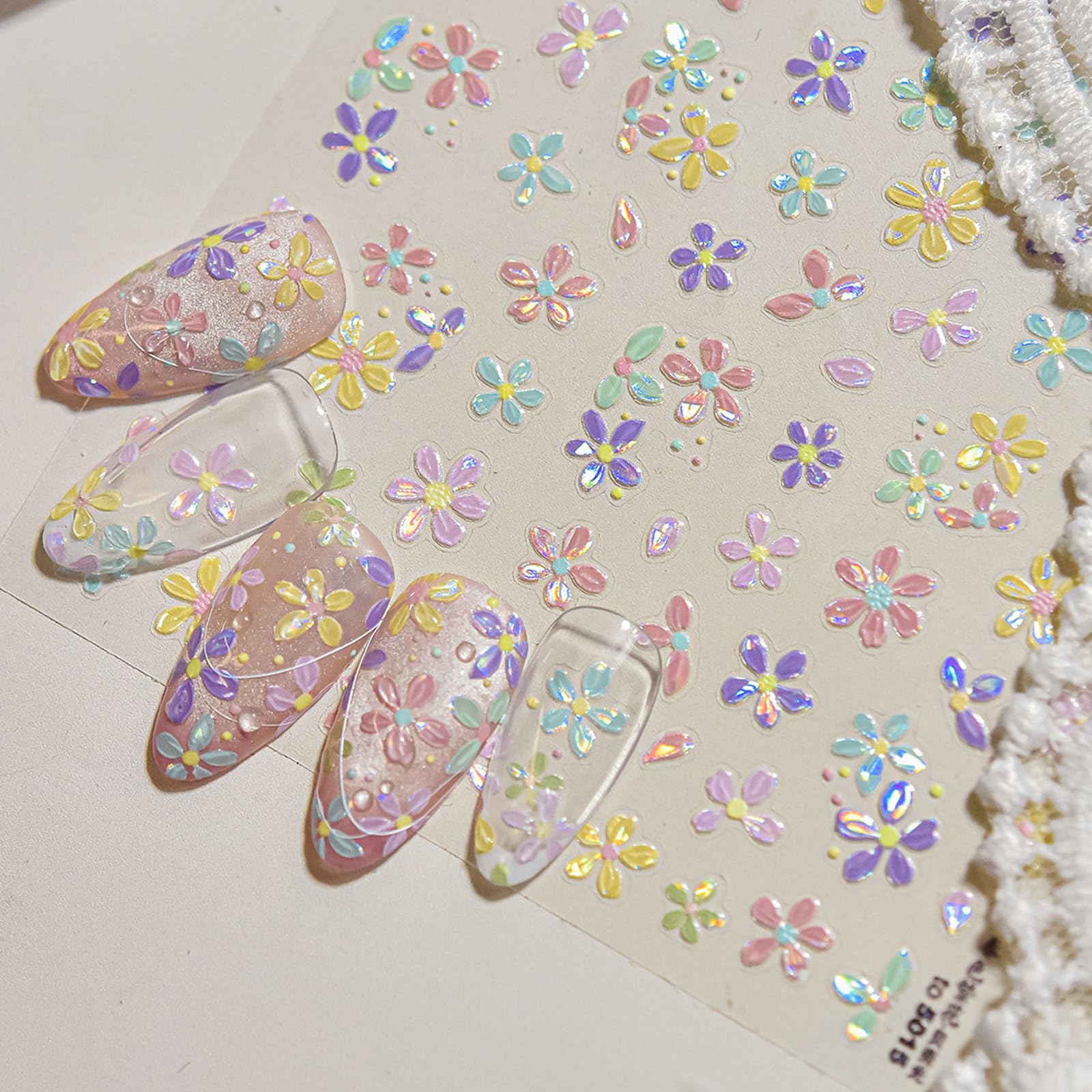 1 Sheet Colorful Flower Nail Stickers, 5D Embossed Self-Adhesive Nail Decals, Summer Glossy Floral Nail Design Stickers for Women DIY Spring Floral