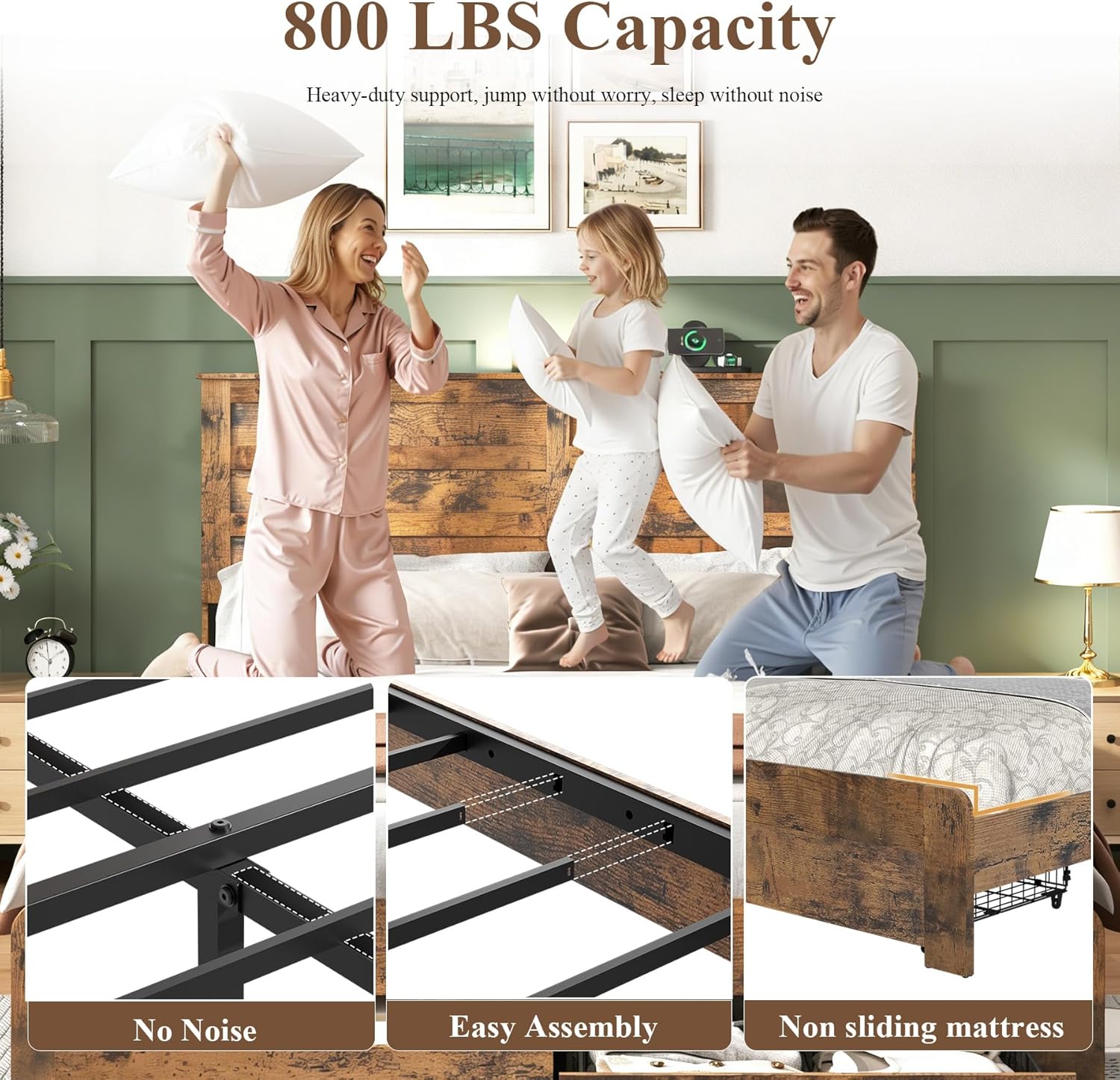 Wooden Queen Bed Frame with 2 Storage Drawers, Rustic Farmhouse Platform Bed Frame and Headboard with Charging Station & LED Light, Metal Slat Support, No Box Spring Needed, Easy Assembly, Dark Brown