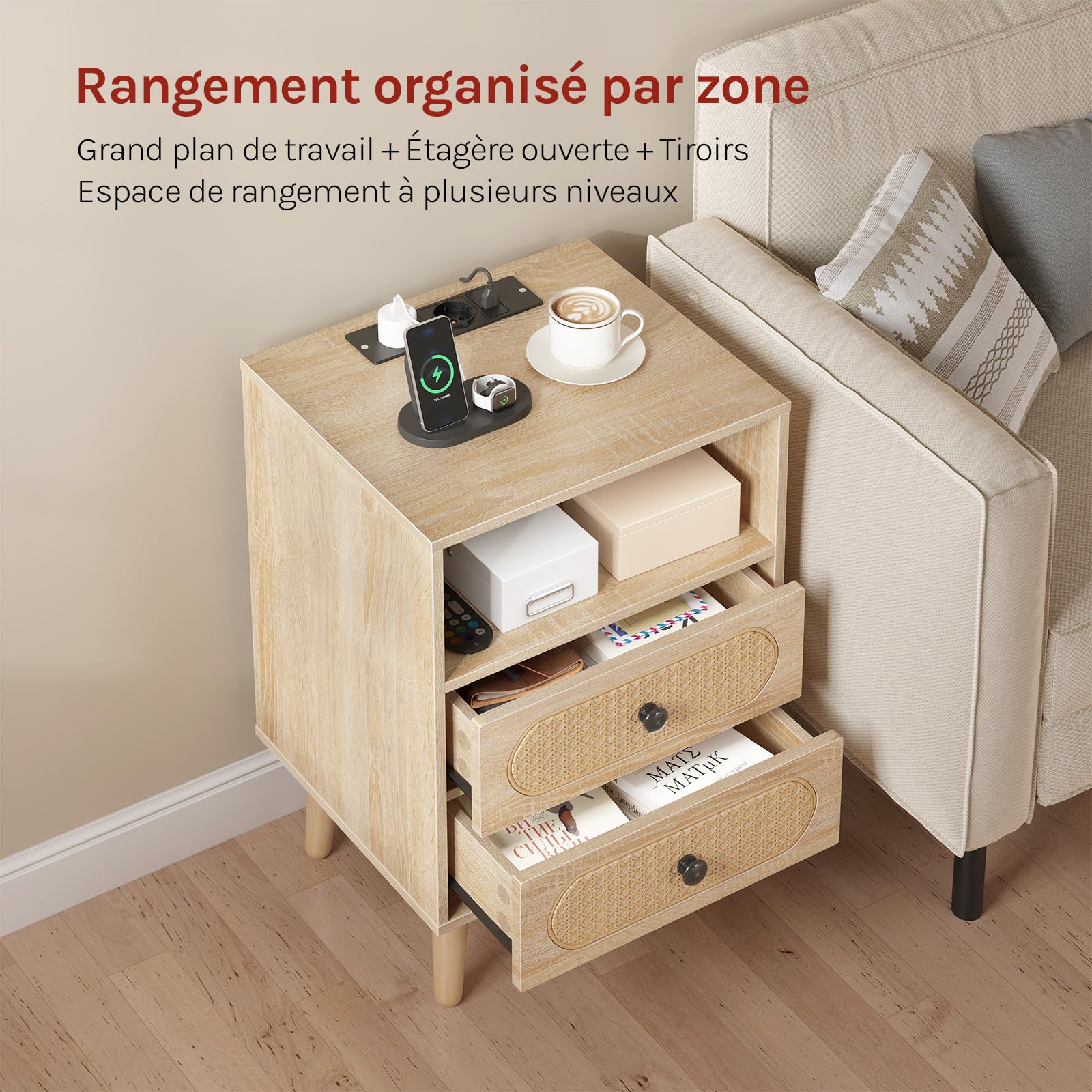 WOLTU Table de Chevet Connctée, avec LED Réglable et Multiprise, Lot de 2