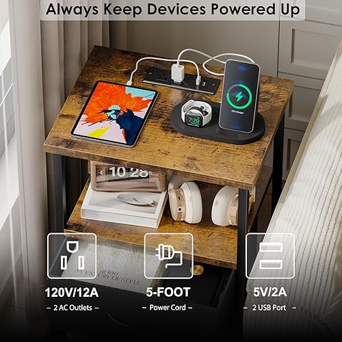 Miniatura 4 de Fixwal Mesita de noche con estación de carga, mesita de noche con cajones de tela, mesita de noche para dormitorio, marrón rústico y negro