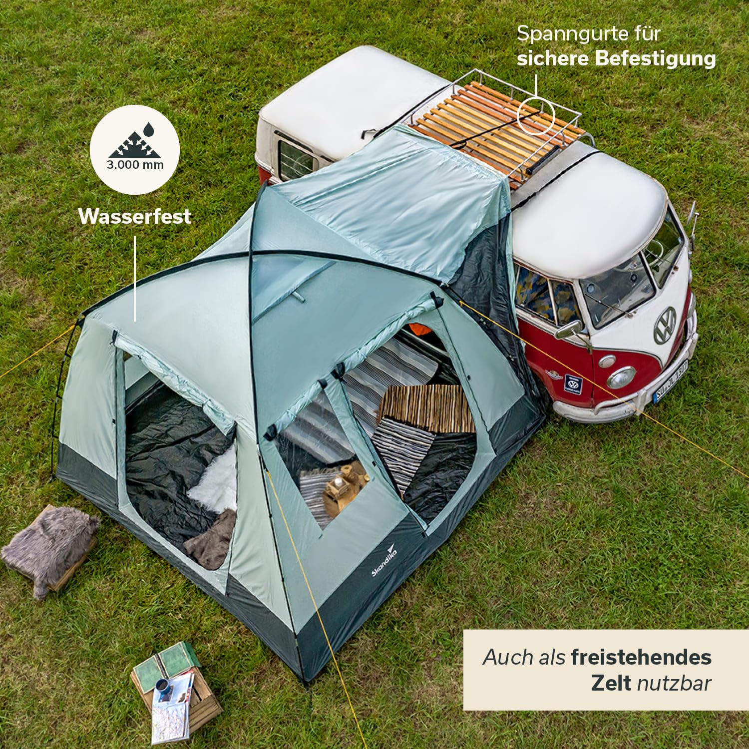Skandika Busvorzelt Pitea Van Protect | 4 Personen, freistehend, eingenähter Zeltboden, 2,2 m Stehhöhe, große Fenster, wasserfest, 3000 mm Wassersäule, Moskitonetze, 3 x 3 m, Kuppelzelt für Bus, Caddy