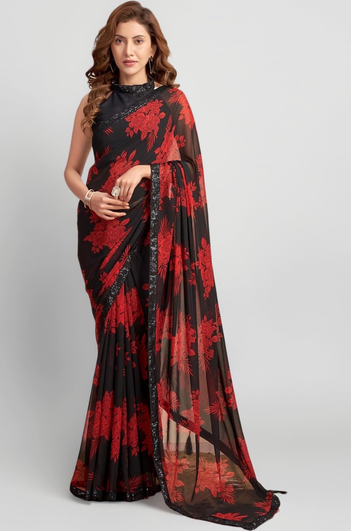Women's Georgette Floral Printed Saree With Unstitched Blouse Piece