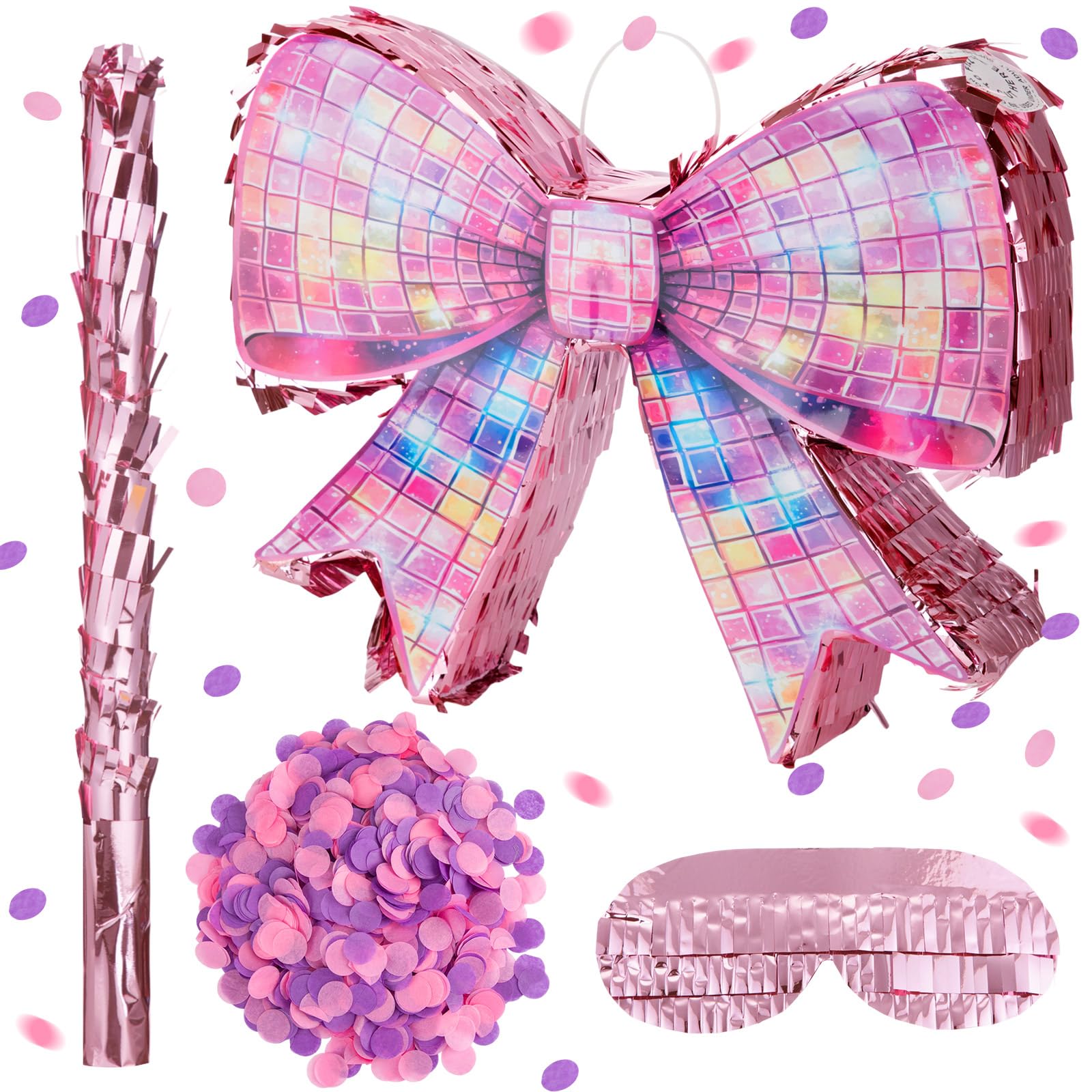 Arrowbash Holiday Bow Piñata Set — 15 Inch Bow Piñata with Bat Blindfold and Confetti for Birthday Wedding Decoration Gentiles Holiday Coquette Party Supplies (COLOR MAY VARY)