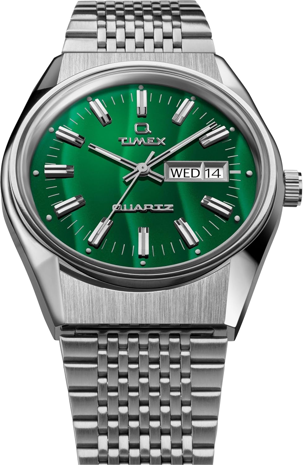 Timex Q Reissue Falcon Eye 38mm Watch – Silver-Tone Case Green Dial with Stainless Steel Bracelet