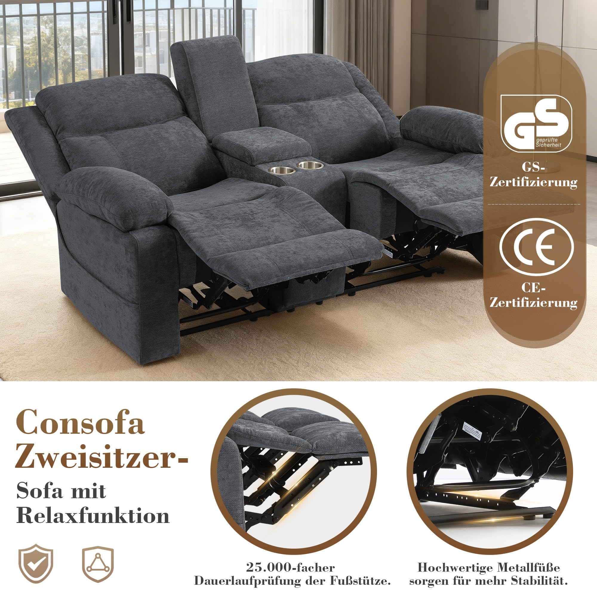 2er Kinosessel Relaxsessel mit Liegefunktion, 2 Sitzer Fernsehsessel TV Sessel mit Konsole, Steckdose und Schublade, zweisitzer Sofa mit Chenille-Optik für Wohnzimmer (Grau, 175 cm Zweisitzer)