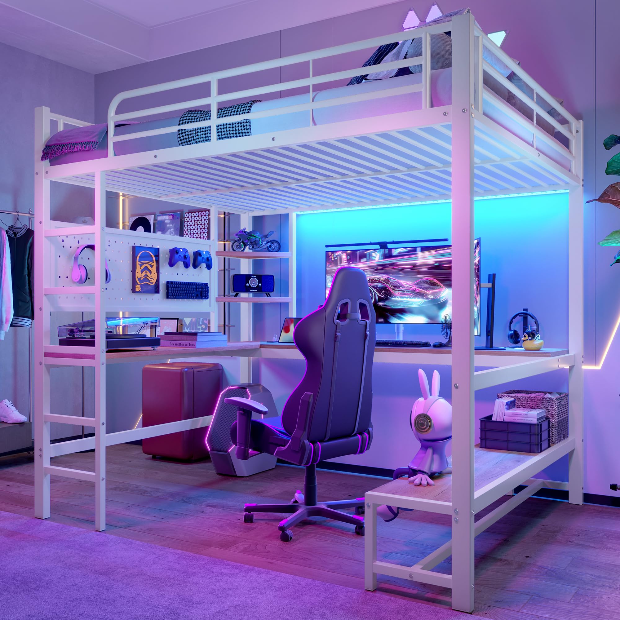 Lit mezzanine 140x200cm, avec port USB et lumière LED, lit en fer avec bureau, étagères de rangement et panneau suspendu, lit double avec barrières de sécurité et échelles,blanc(matelas non inclus)