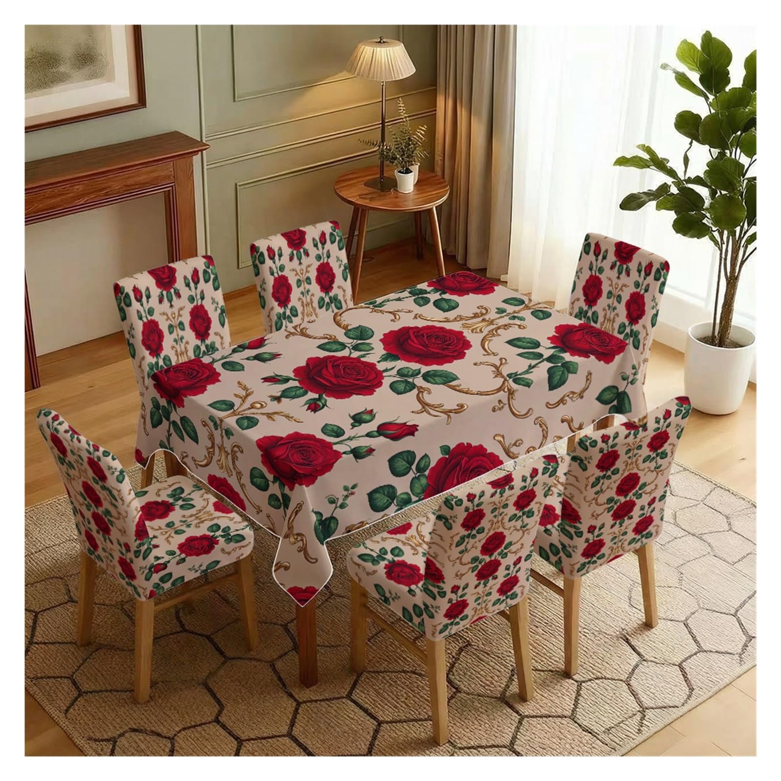 KXUAUV Red Rose Damask Print Stretch Dining Chair Covers Tablecloth Set, For Kitchen Dining Living Room Farmhouse Decor, 5/7 Pack Party Decor(7pcs Set: Tablecloth+Chair Covers)