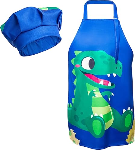 Miniatura 42 de R HORSE Juego de 2 delantales para niños y sombrero de chef, delantal de cocina azul ajustable para niños, kit de pintura y entrenamiento