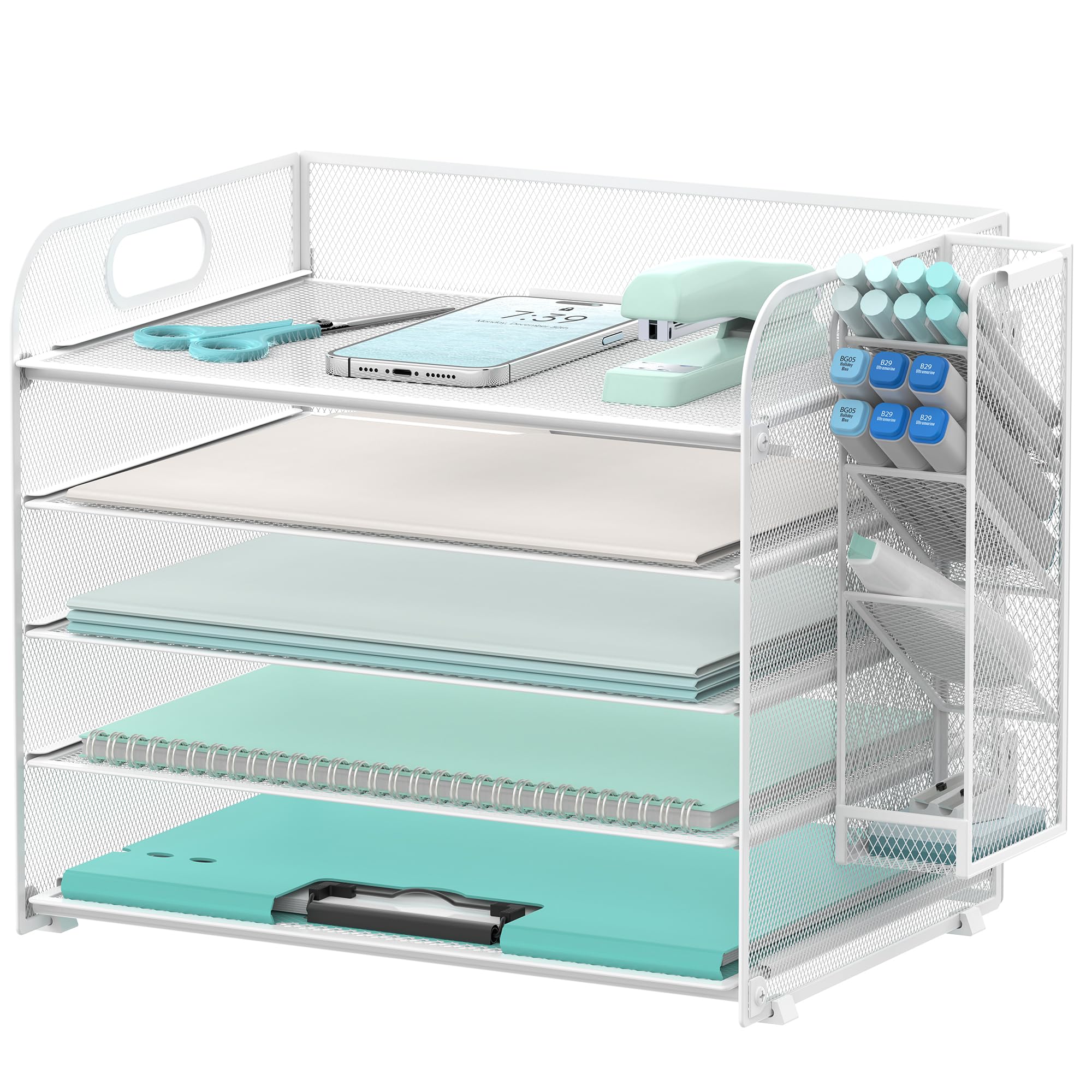 SUPEASY 5 Tier Desk Organizer with Handle & Removable Pen Holders, Mesh Paper/File Organizer for Desk, Paper Letter Tray Organizer for Office Supplies (White)