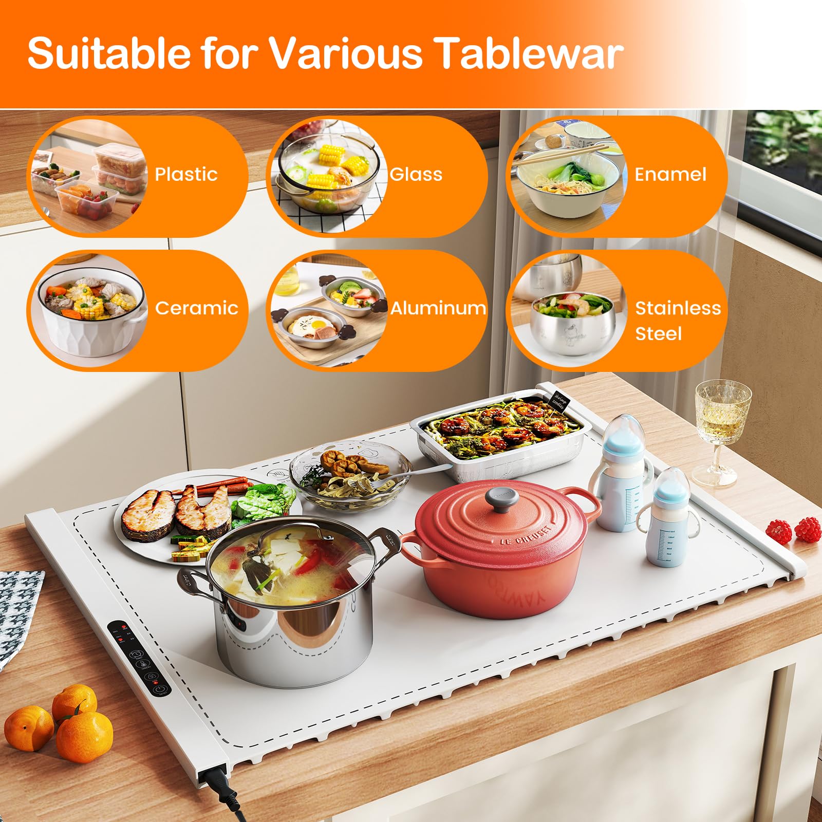 SOARS Chauffe Plat Electrique, Plaque Chauffante Electrique Pliable Portable en Silicone, Température à 6 Niveaux, Chauffage Rapide, Minuterie, pour Fêtes, Buffets, Réunion Famille (60 X 38 CM, Blanc)