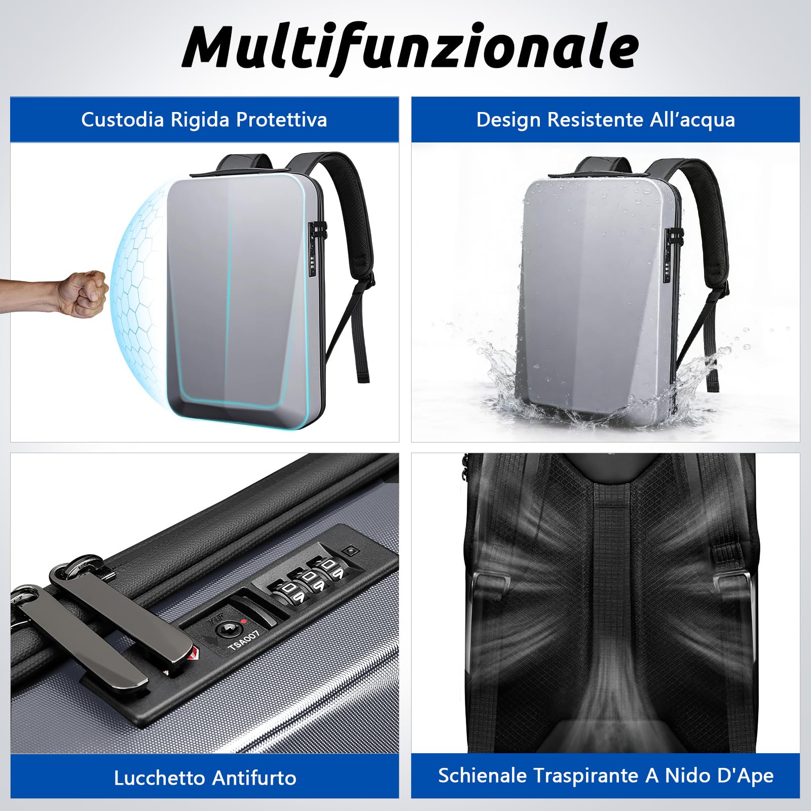 VARLIVOO Uomo Zaino con USB Porta 15.6" Laptop Zainetto Parola d'ordine Serratura Borse Lavoro Viaggio Scuola Università Campeggio Antifurto Zaino Impermeabile Polyester D'argento