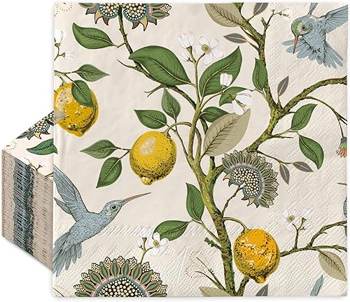 Miniatura 8 de AnyDesign - 80 servilletas de papel desechables con diseño de pájaro azul retro, diseño de árbol de limón, servilletas de papel decorativas de