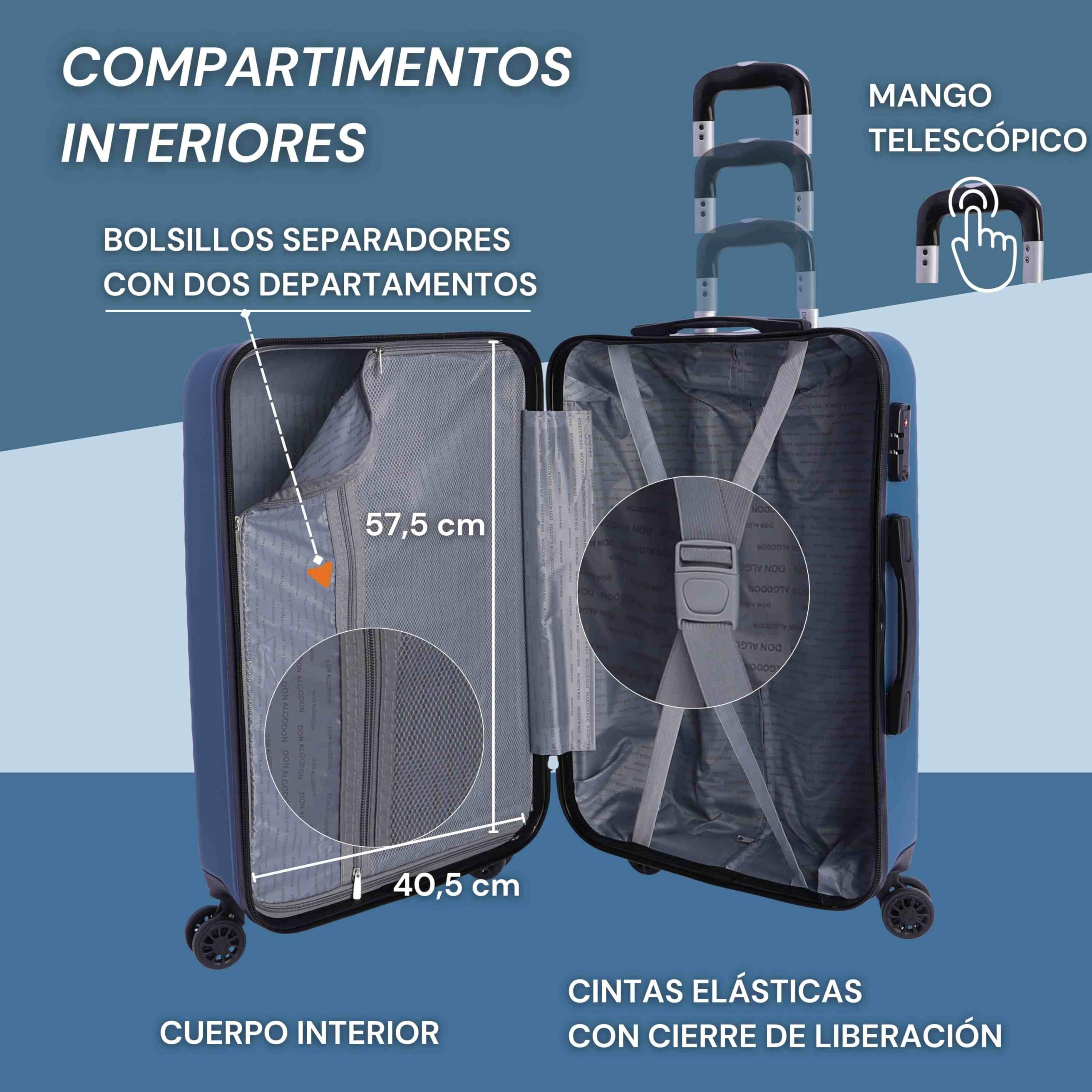 DON ALGODON Medium Suitcase 23 kg | Rigid Travel Suitcase with 4 Double Wheels 360º, TSA Lock and Telescopic Handle | Waterproof Luggage for Airplane Travel, blue, Classic - 3