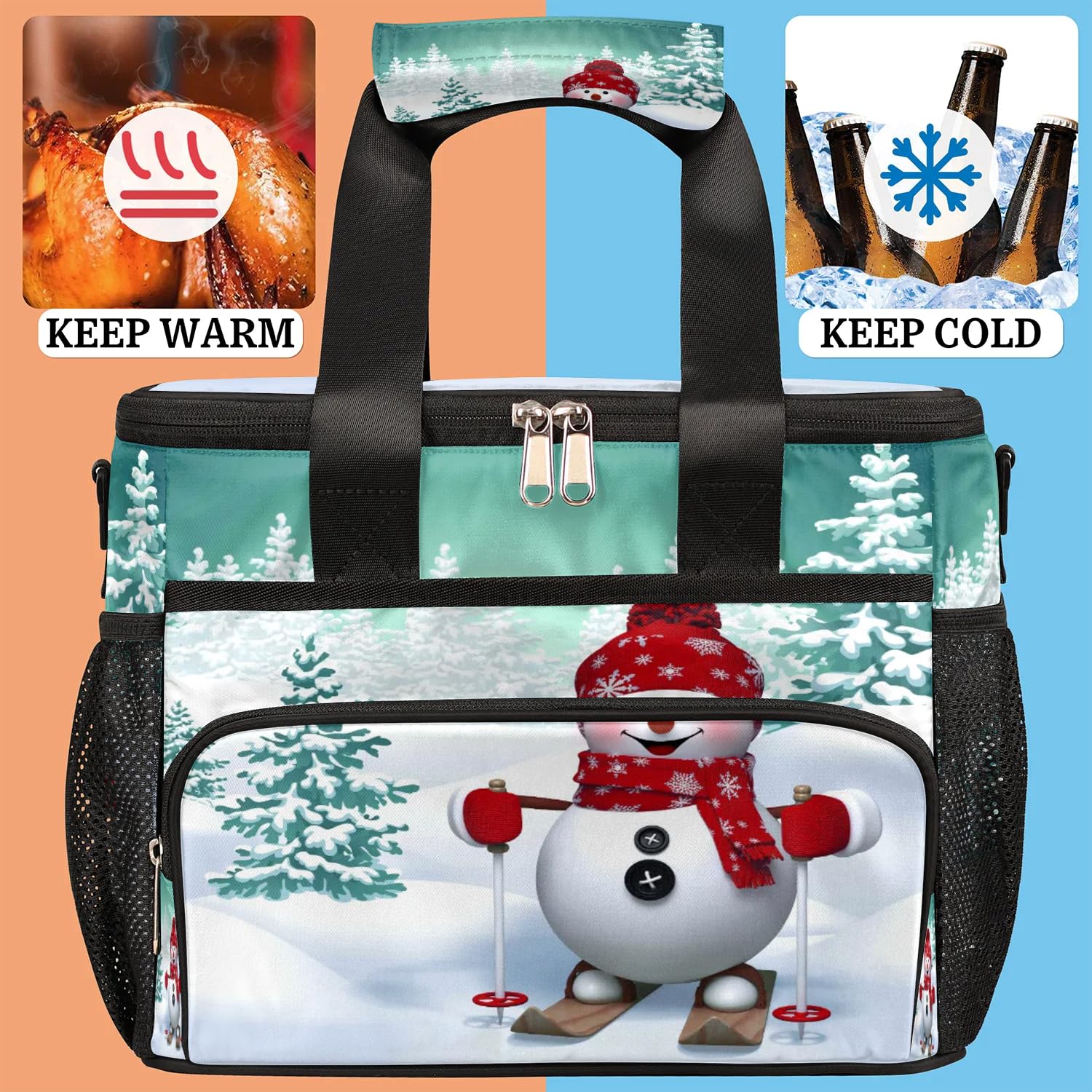 Große Lunchtasche mit weihnachtlichem Schneemann, für Erwachsene, Herren, Damen, Kinder, Mädchen, Jungen, Schneemann, Baum, Schneeflocke, isolierte Lunchbox, Kühltasche, Kühltasche, Kühltasche,