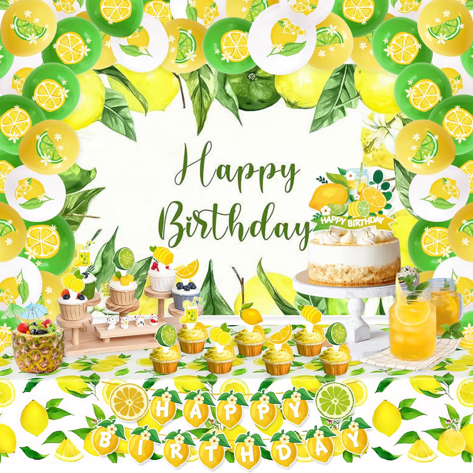 Lemon Party Decorations, Lemon Theme Birthday Party Decorations Include Backdrop, Balloon, Banner, Tablecloth, Cupcake Toppers, Cake Topper
