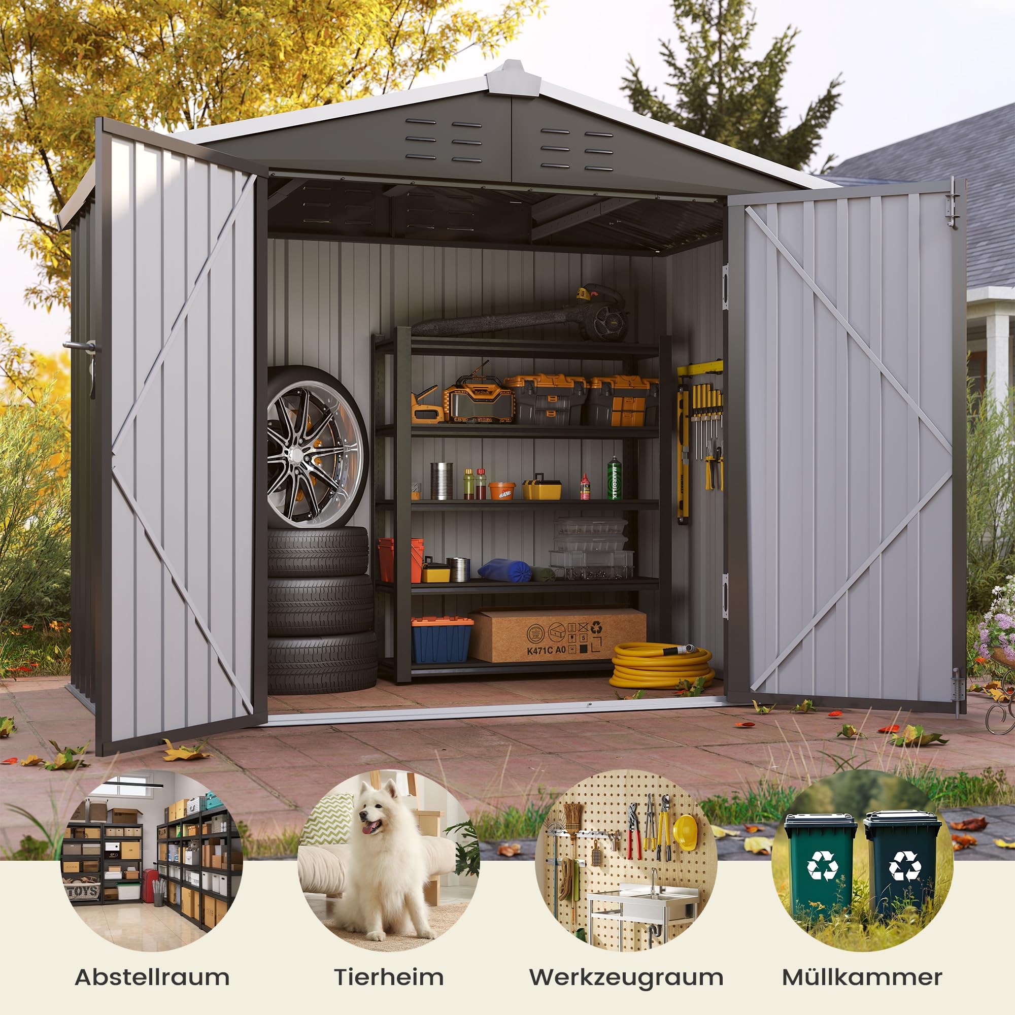 Amopatio domek na narzędzia, domek ogrodowy z dachem jednospadowym, szopa ogrodowa 196 x 119 x 185 cm, domek ogrodowy metalowy z drzwiami, ocynkowana metalowa szopa ogrodowa do podwórka, kolor czarny