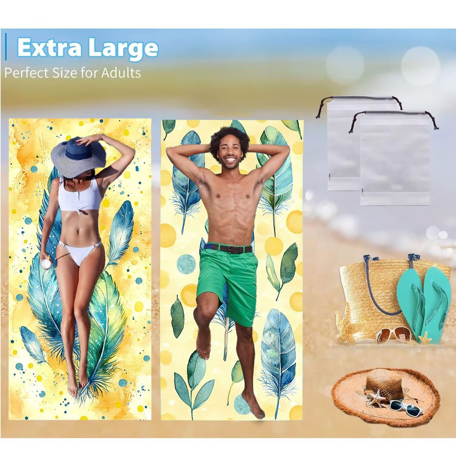 Telo Mare Microfibra Grande - 100 x 200 cm Telo Mare 2 Pezzi, Antisabbia, Asciugatura Rapida, Ultra Assorbente, Estate Spiaggia Asciugamani Bagno Asciugamano Microfibra, Donna Regali (Piume) m-1056