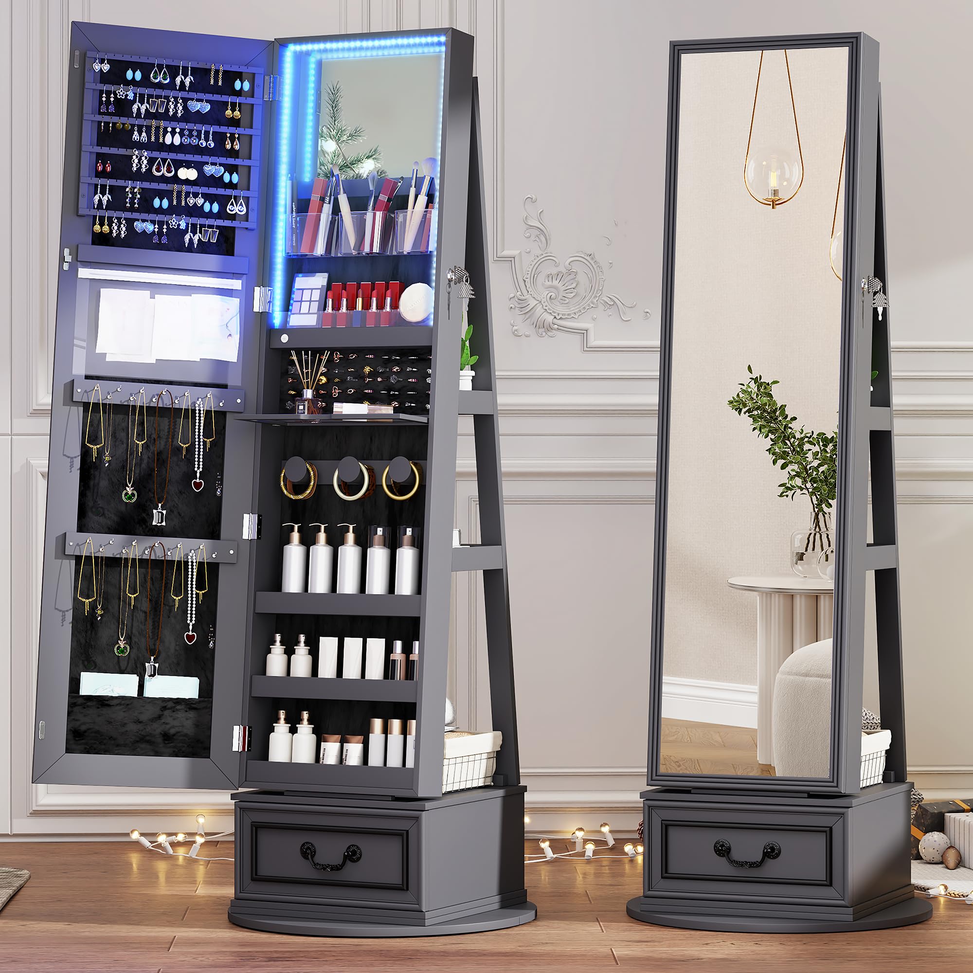 Vlsrka Mirror Jewelry Cabinet Standing, 360° Swivel Jewelry Armoire with Full Length Mirror, Lockable Mirror with Jewelry Storage, 3-Color LED Lights, Foldable Makeup Shelf, Grey